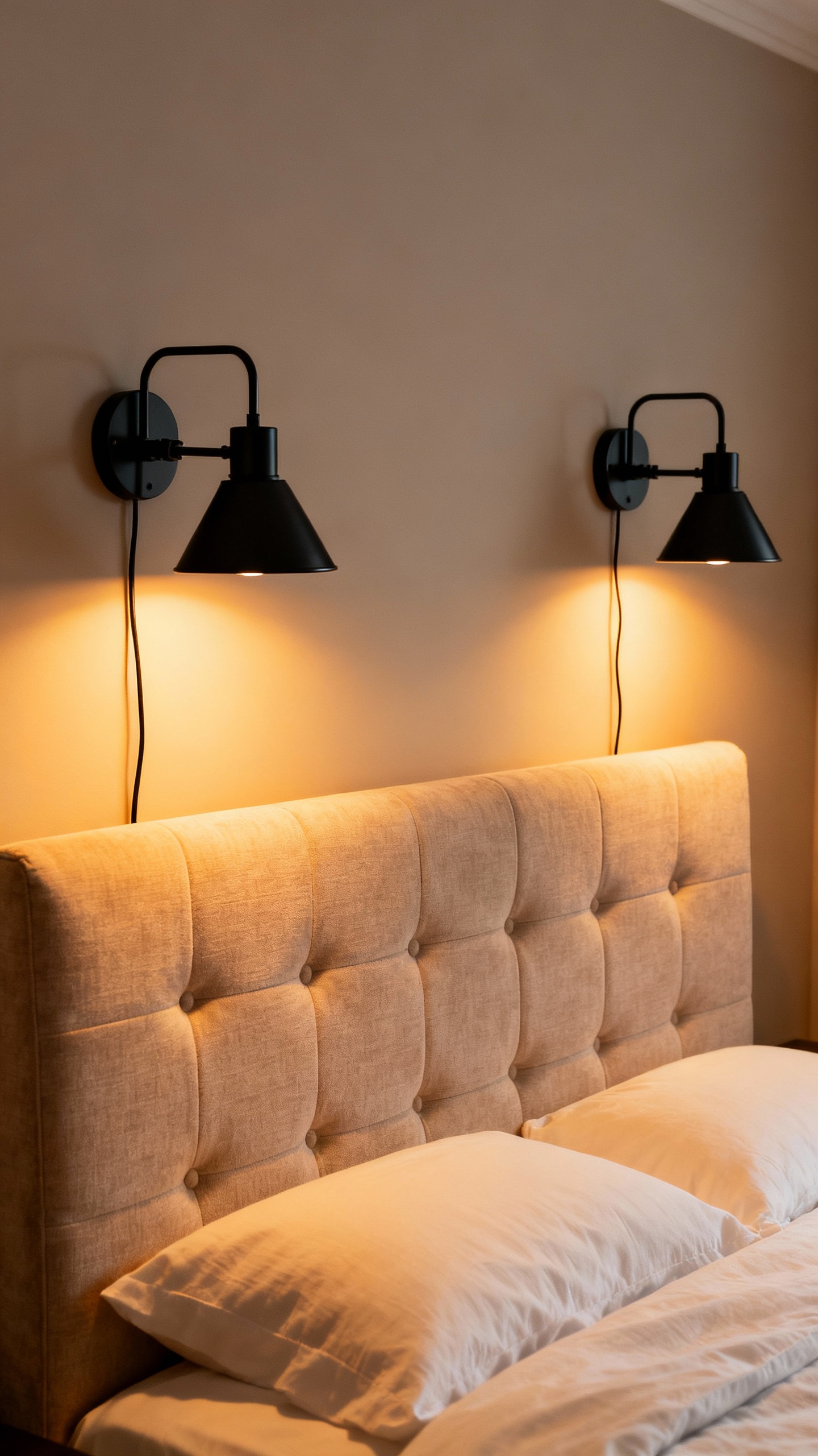 Plug-in black metal sconces flanking upholstered headboard, warm 2700K glow
