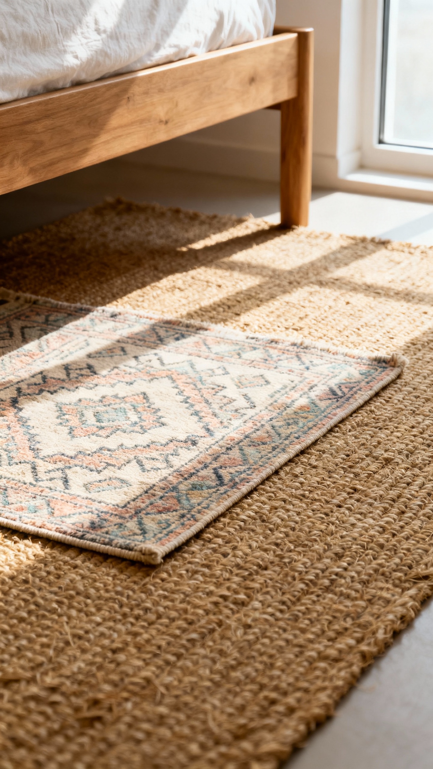 Rug layering detail: small patterned rug atop large jute base near bed