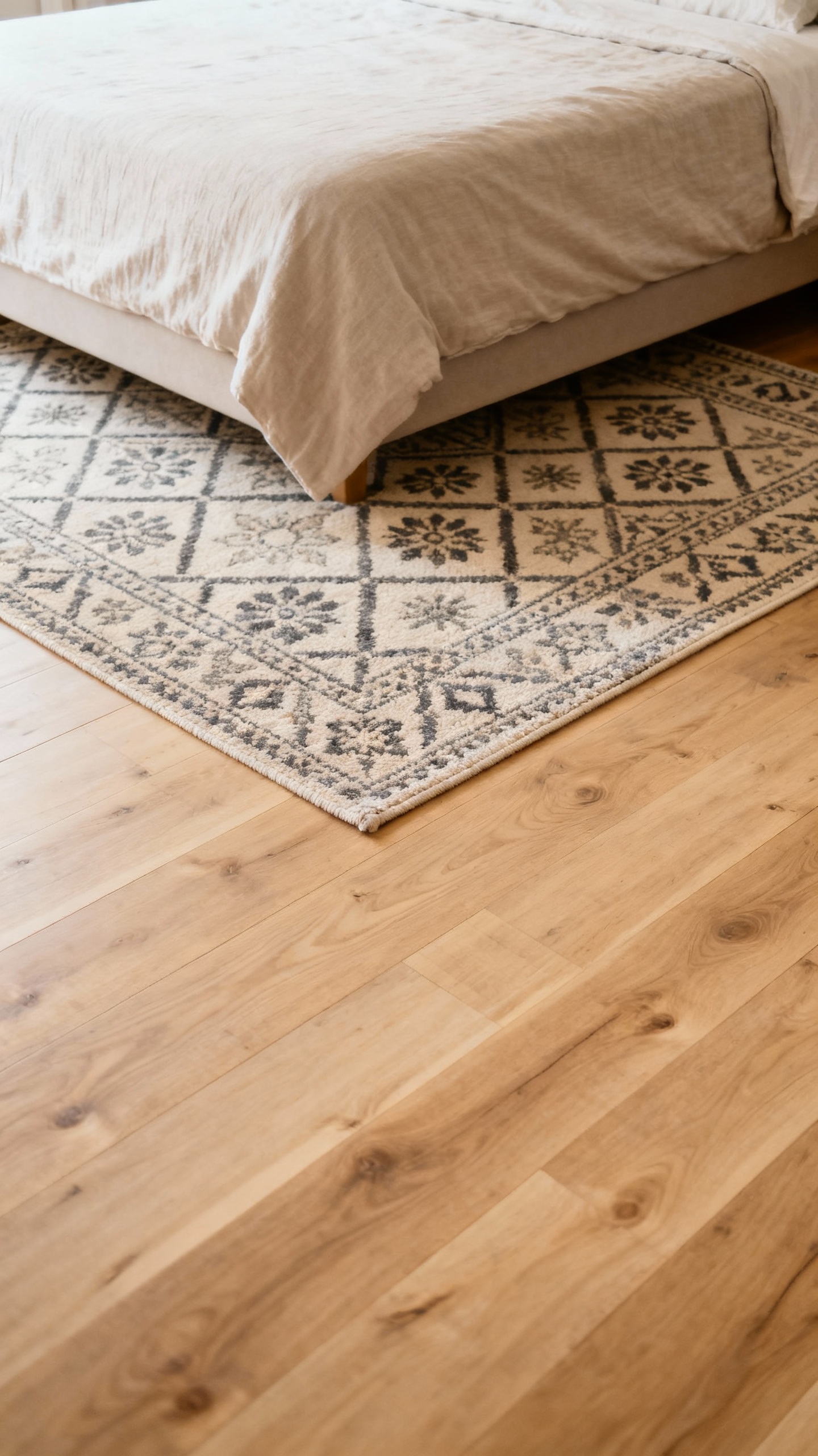 Rug under queen bed: 8x10 patterned rug peeking three sides, wood floor