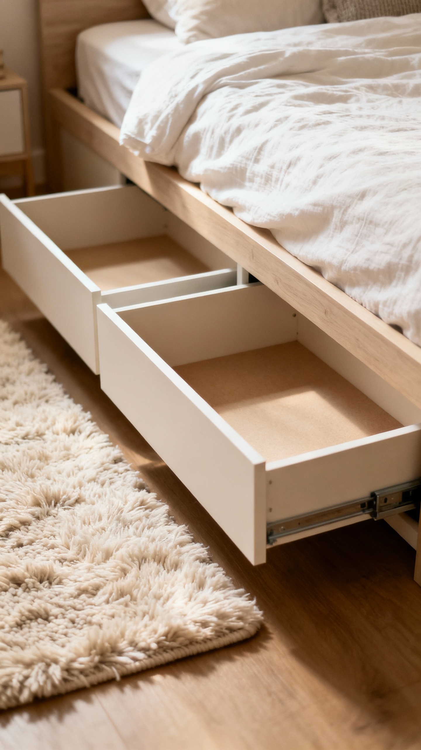 Under-bed storage drawers open beneath platform bed, labeled bins, cotton rug