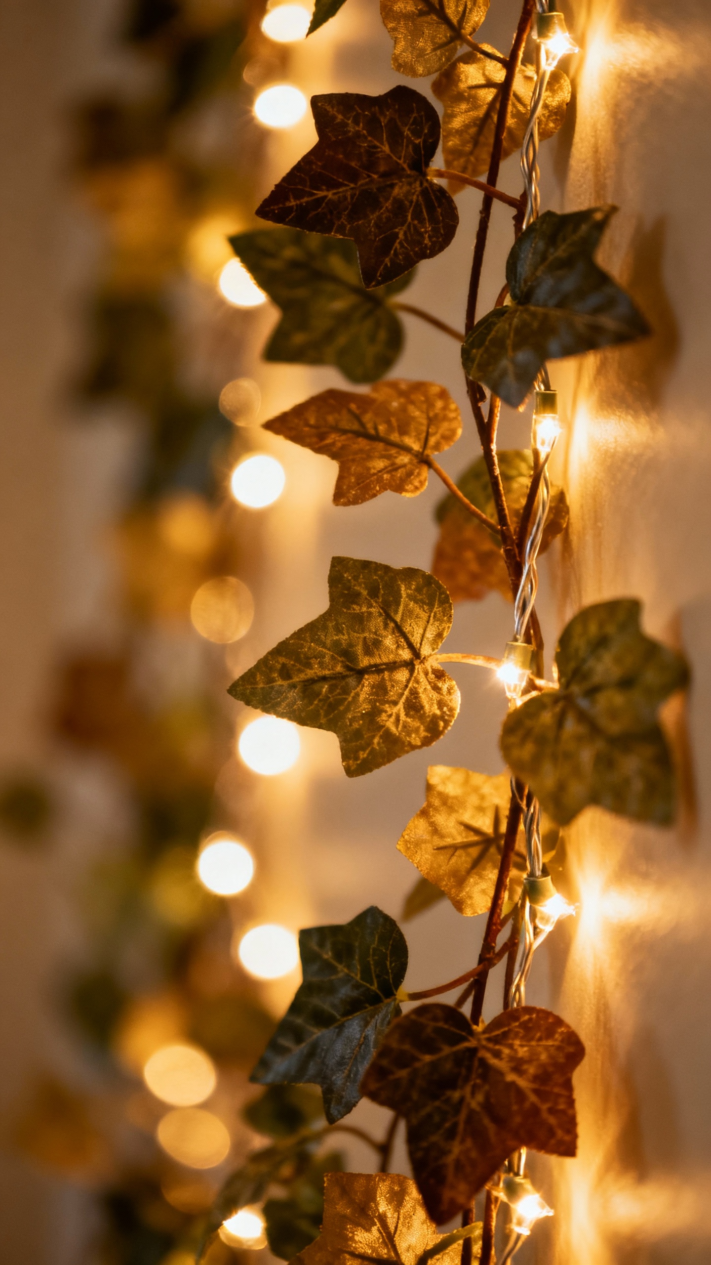 Warm fairy lights snaked behind mixed-leaf faux vines, macro