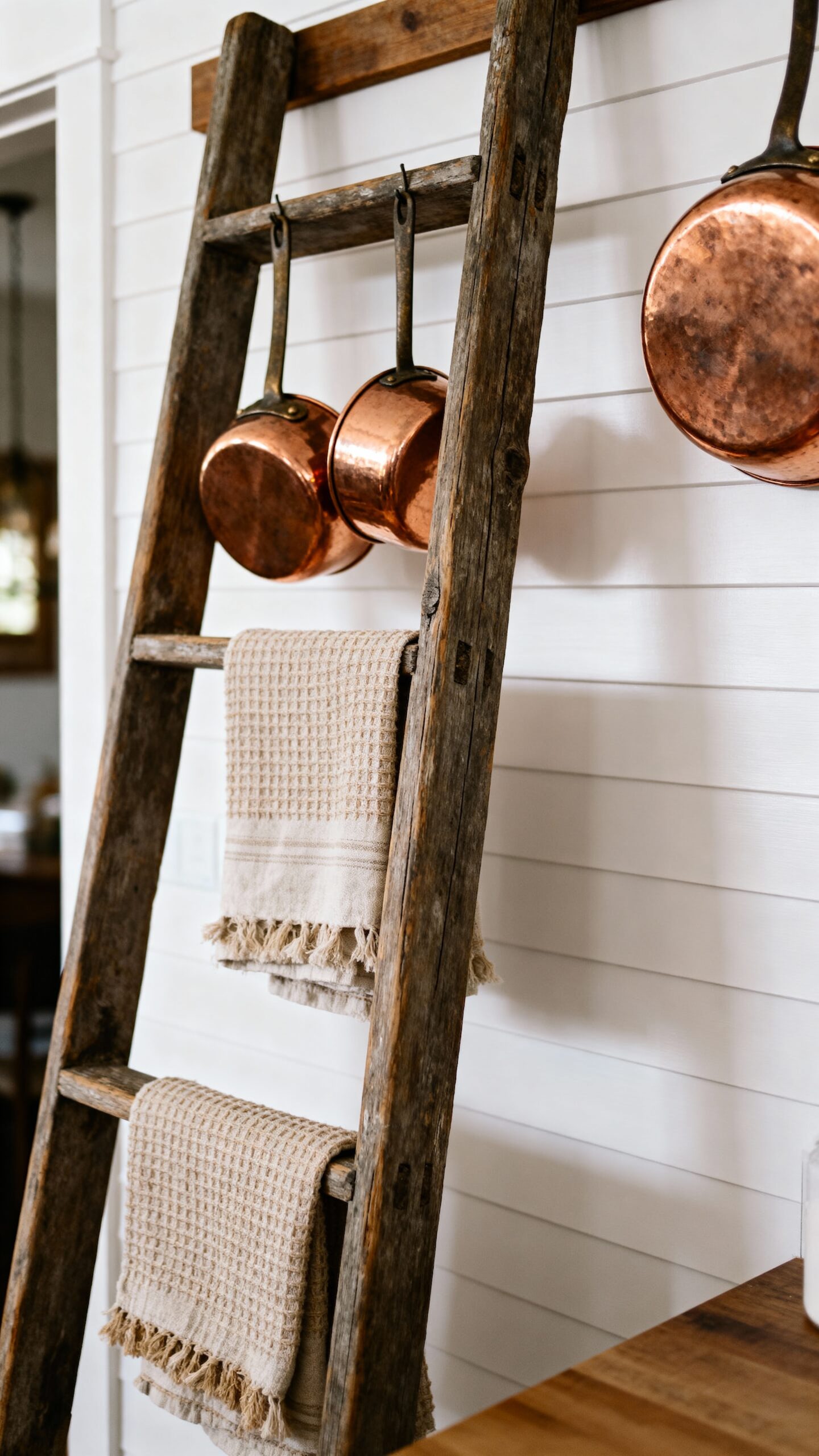 repurposed rustic ladder storage solution