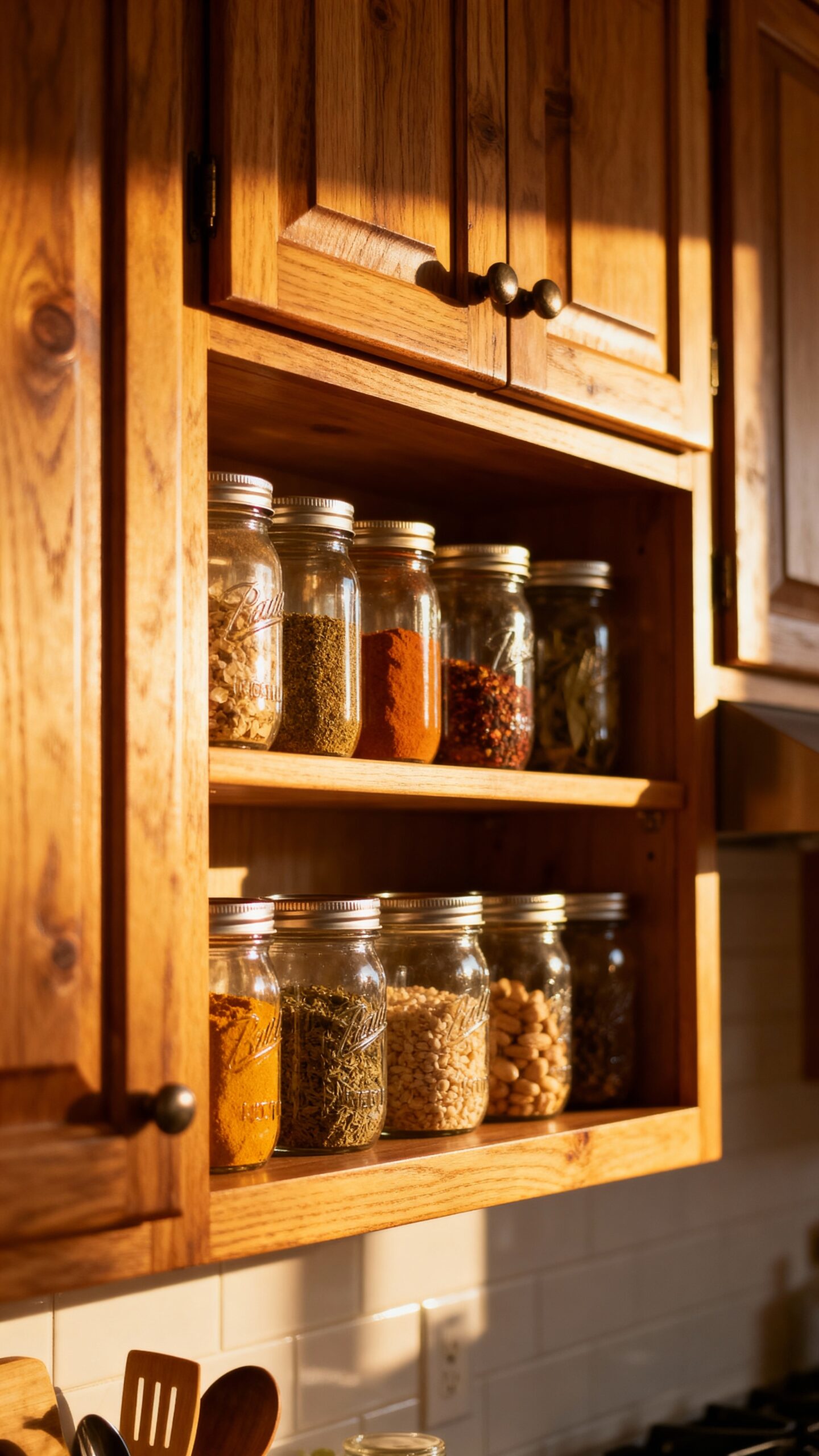 rustic cabinet storage with mason jars