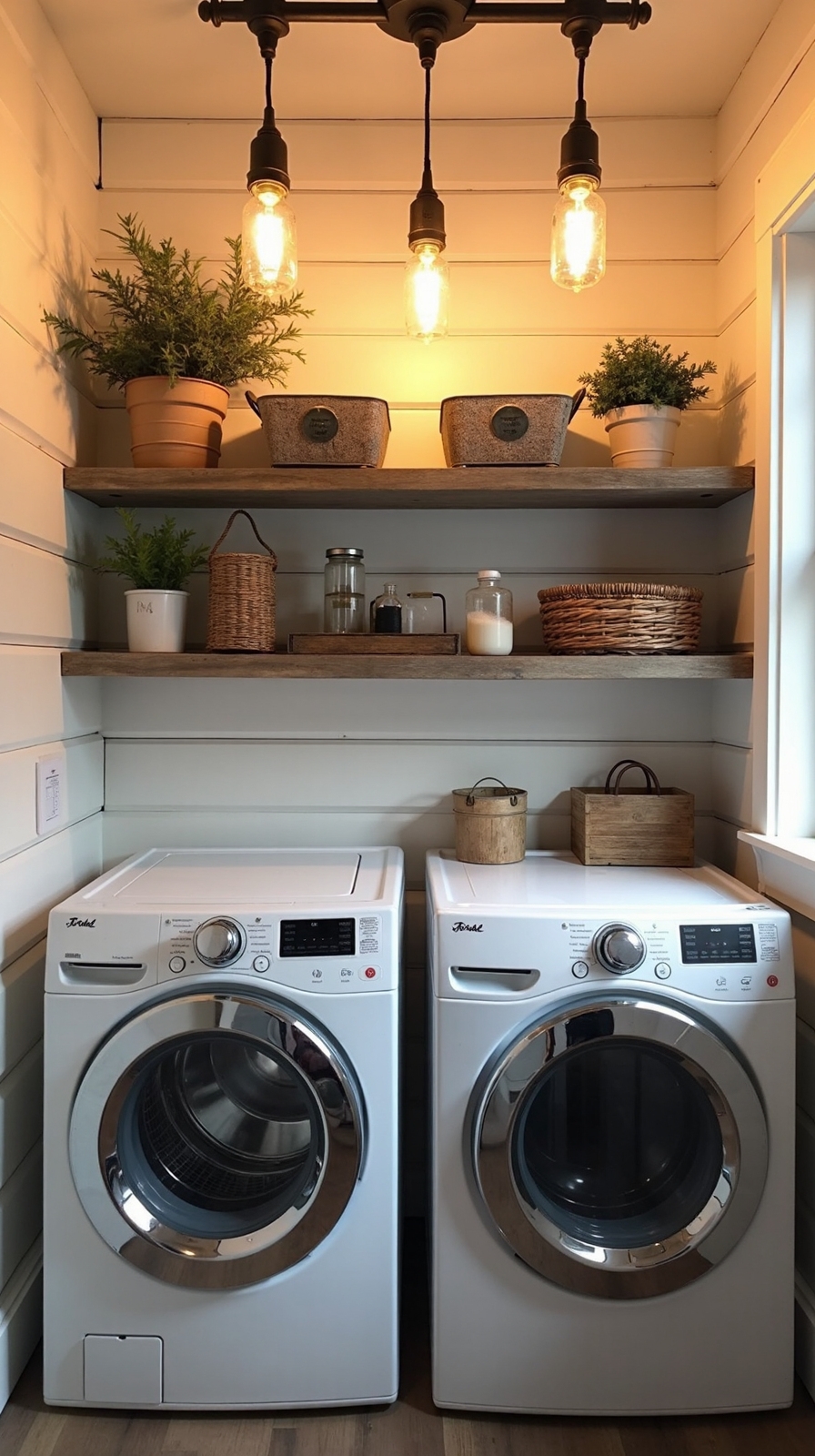 rustic cozy functional laundry room lighting
