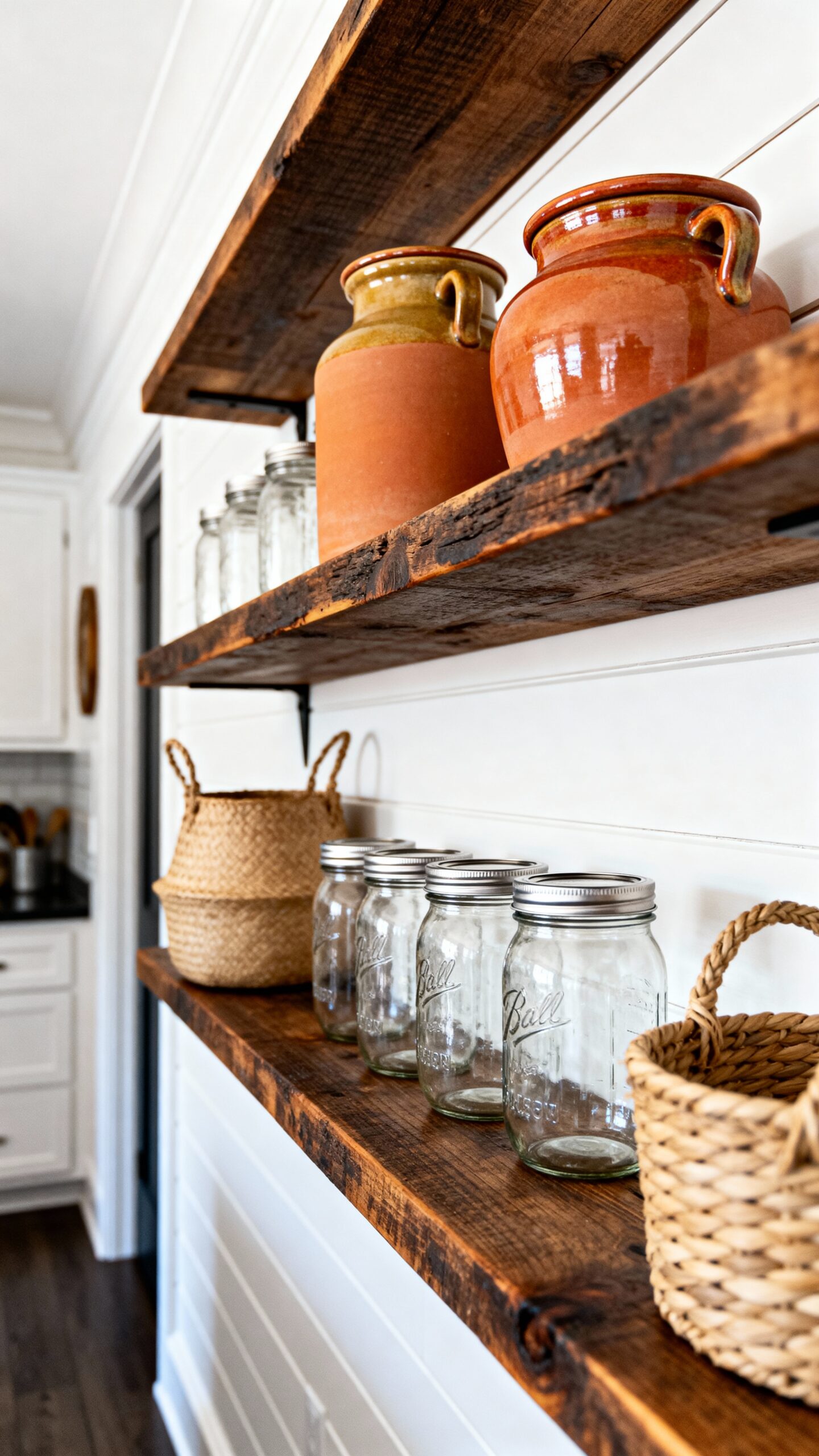 rustic farmhouse open kitchen shelves