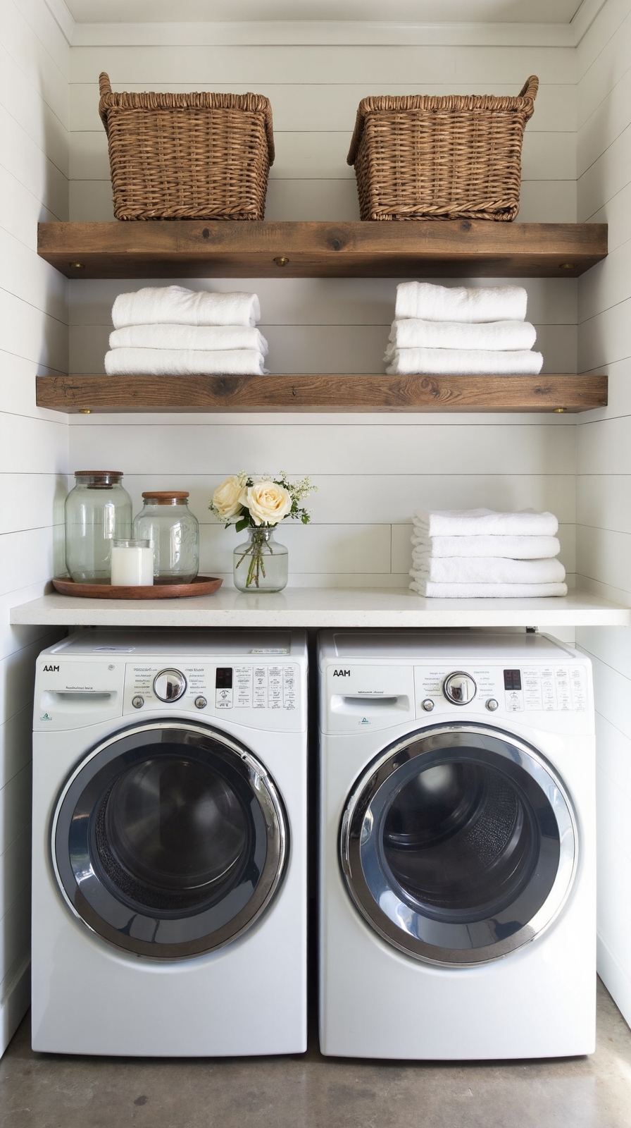 rustic farmhouse shelves maximize laundry storage