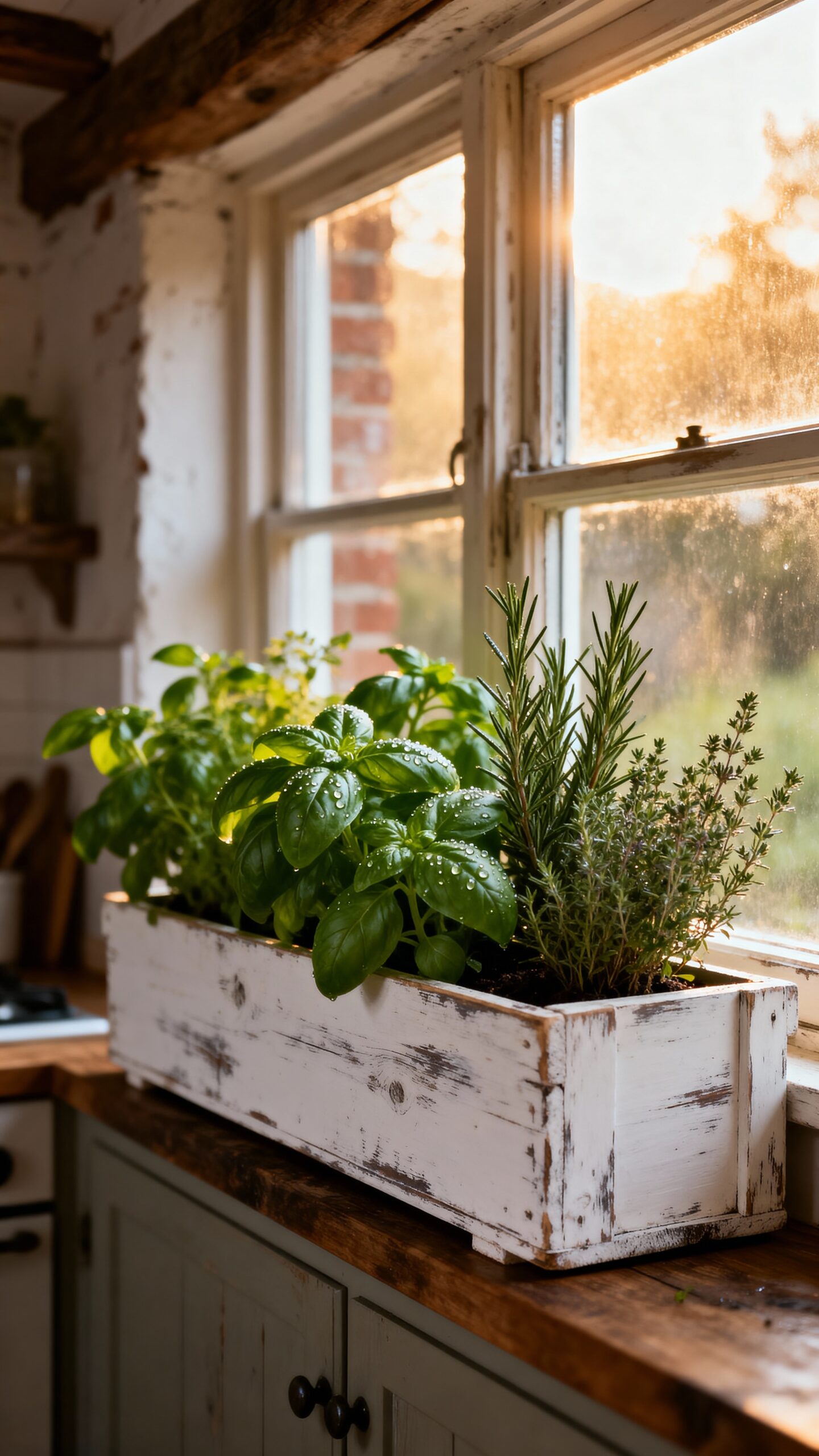 rustic herb filled window boxes
