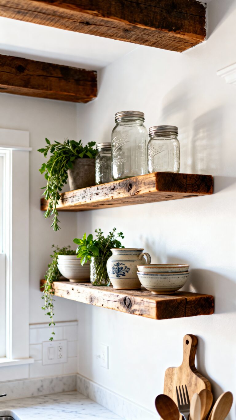 rustic open airy kitchen shelving