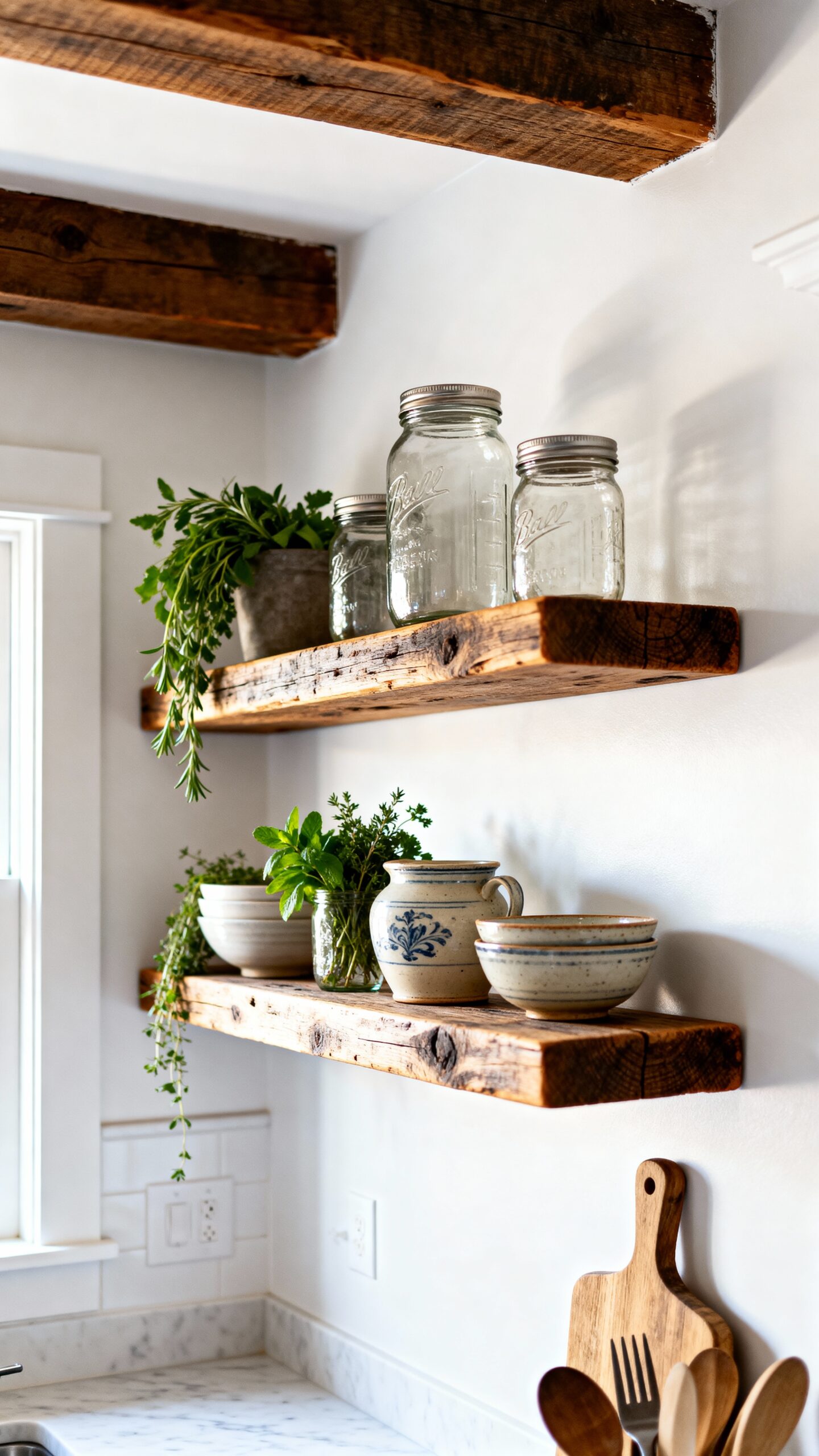 rustic open airy kitchen shelving