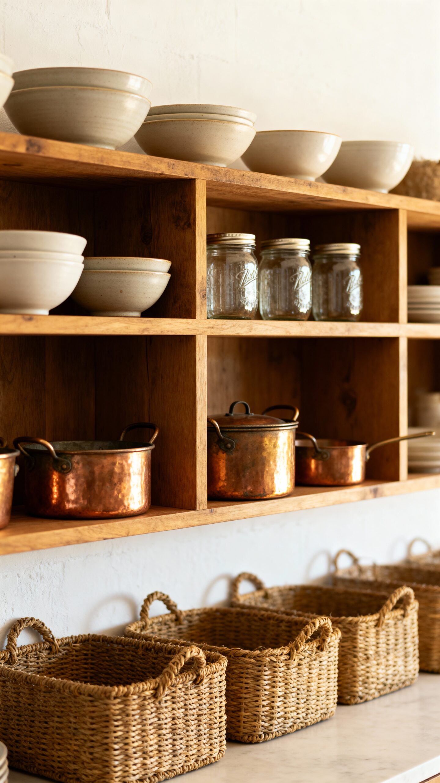 rustic open wooden kitchen shelving