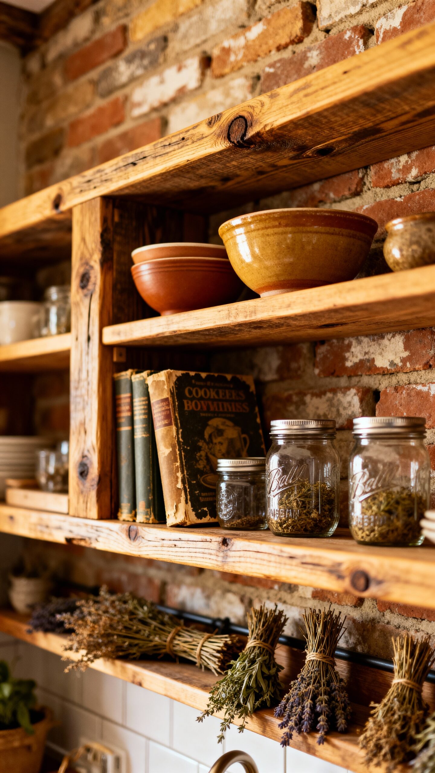 rustic reclaimed wood open shelving