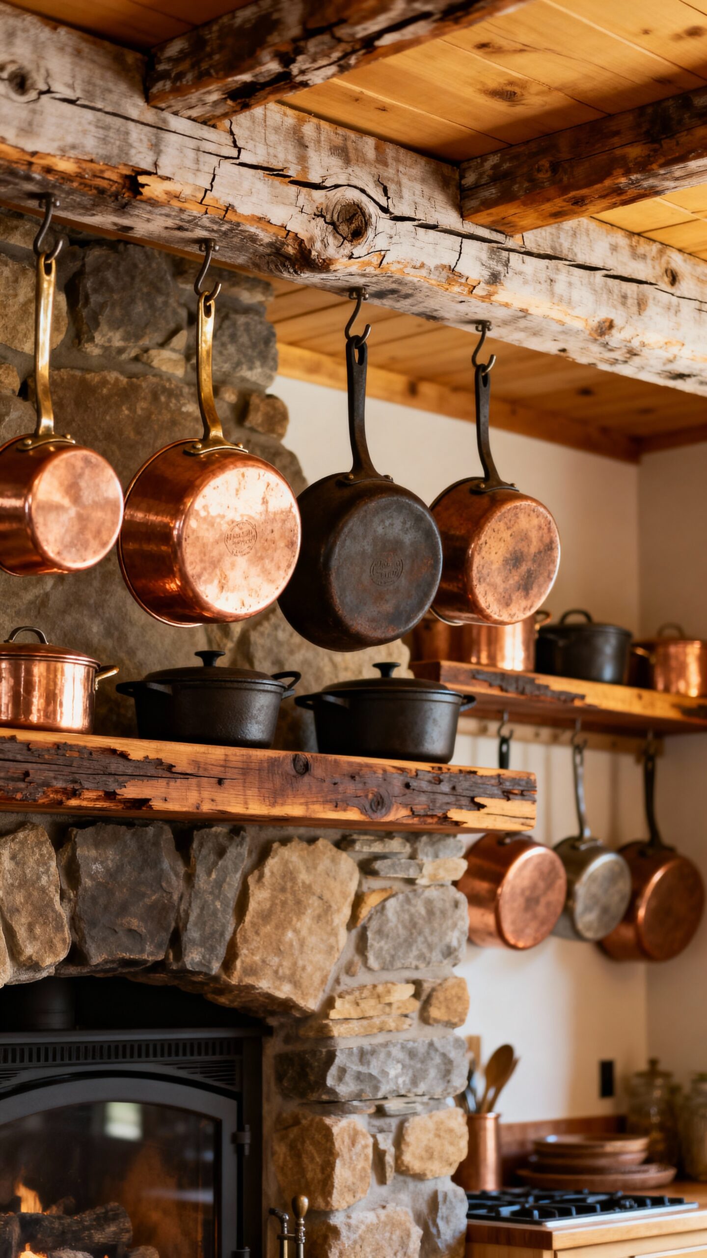 rustic stone fireplace kitchen centerpiece