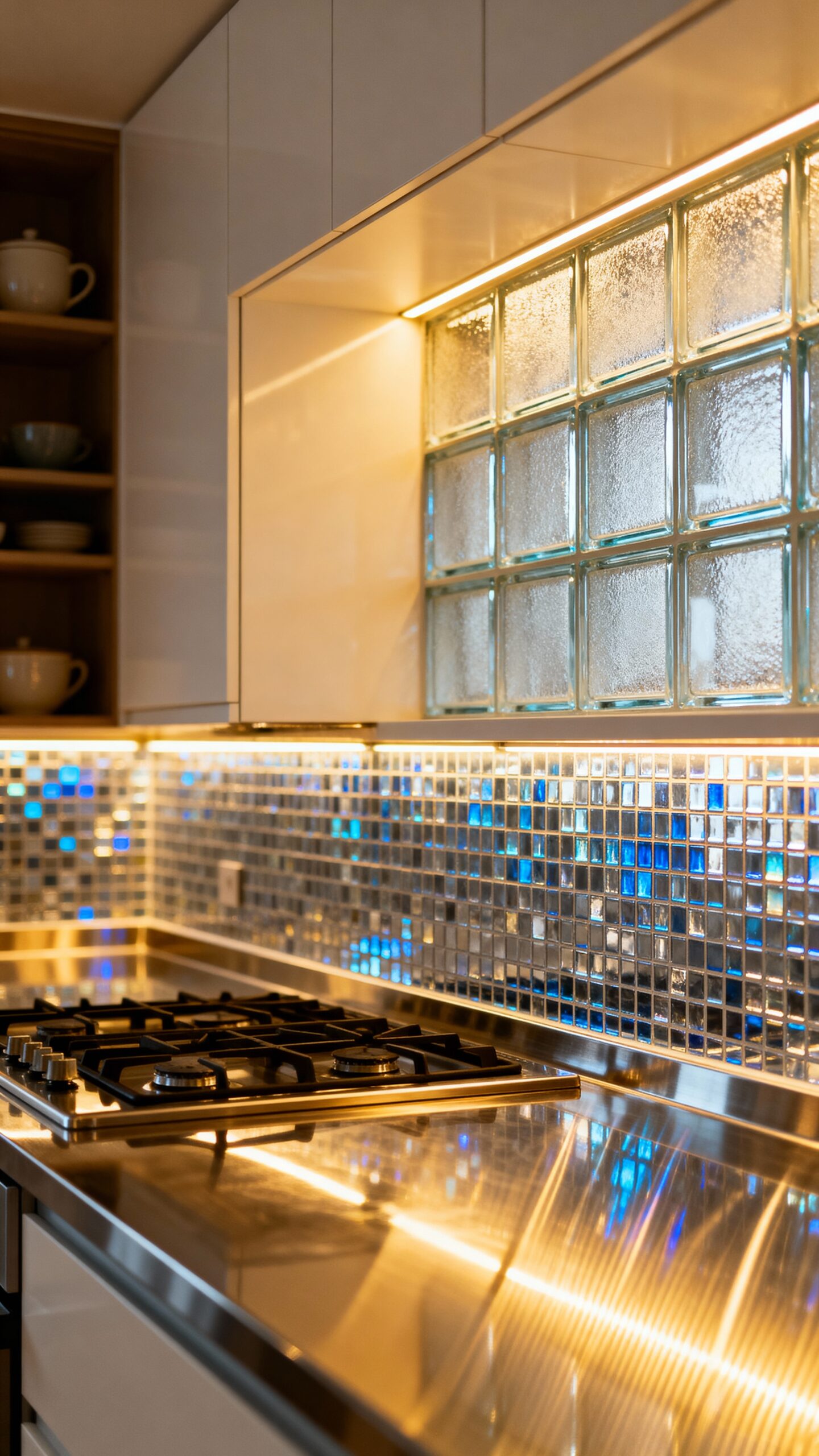 seamless backsplash dramatic complementary glass blocks