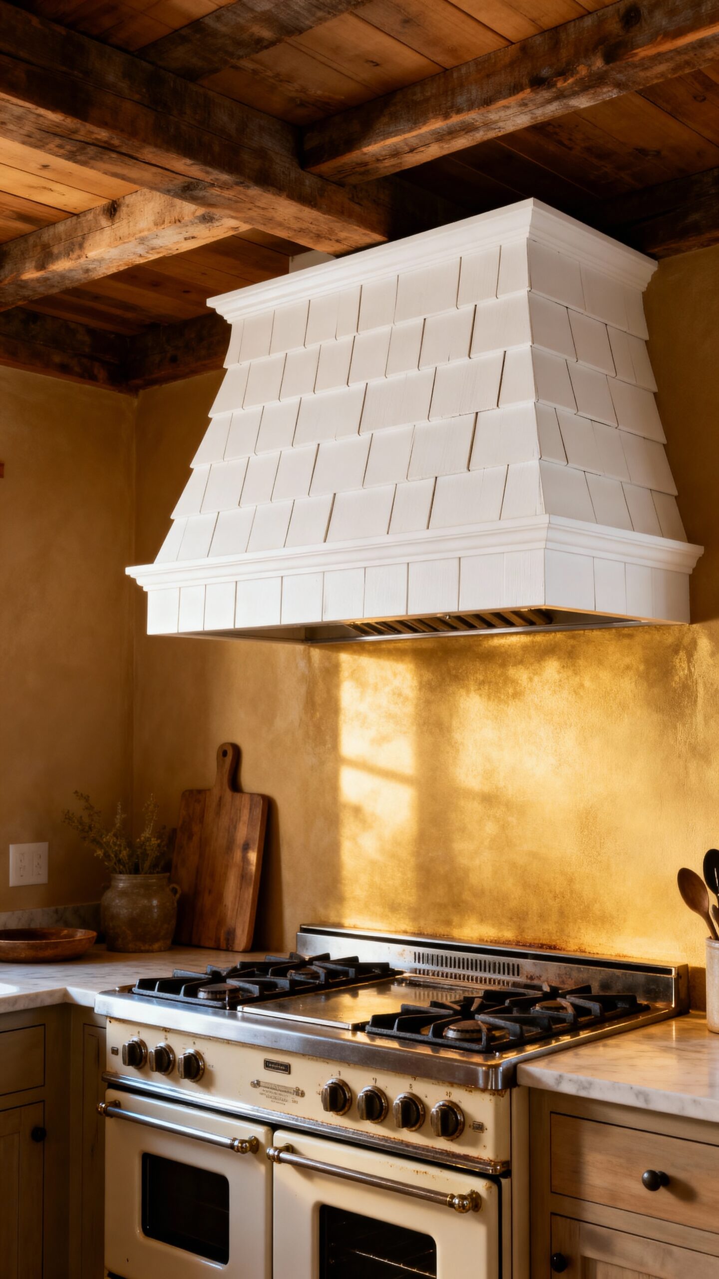 shiplap wrapped range hood exudes farmhouse charm