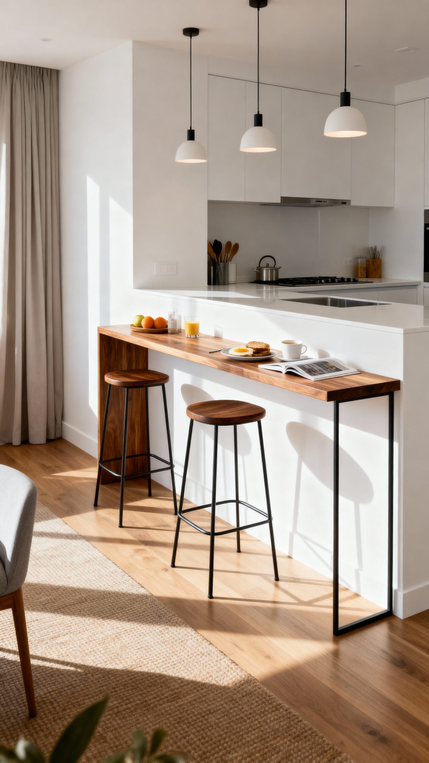 slim breakfast bar against wall