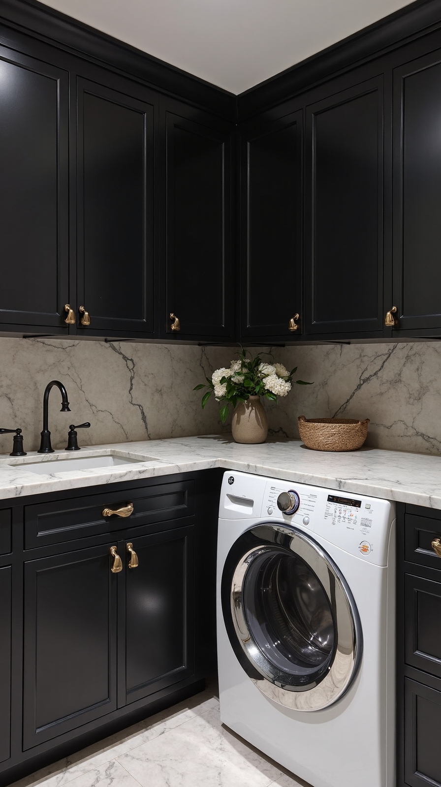 sophisticated bold charcoal black cabinetry with brass