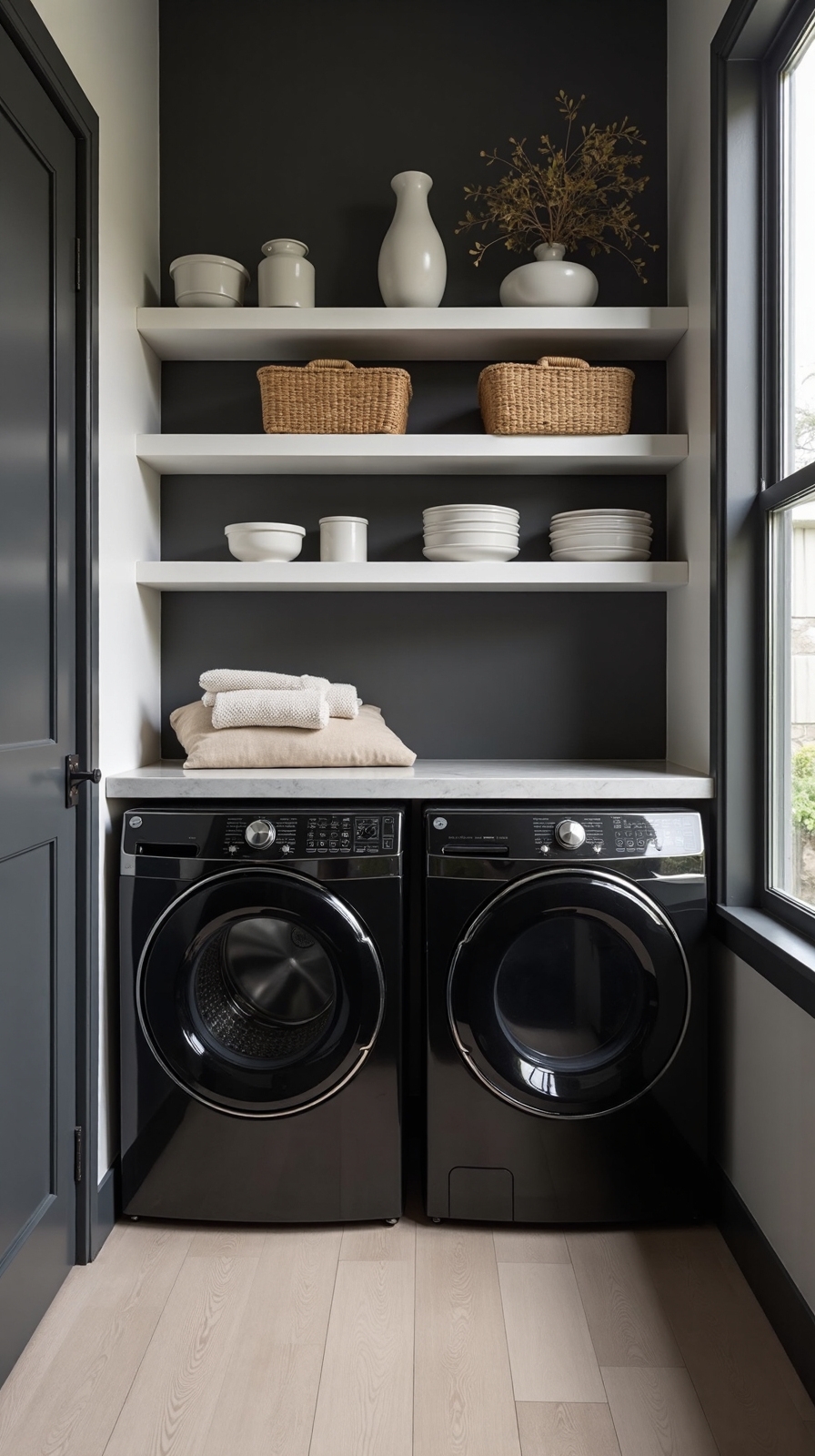 sophisticated charcoal and white laundry design