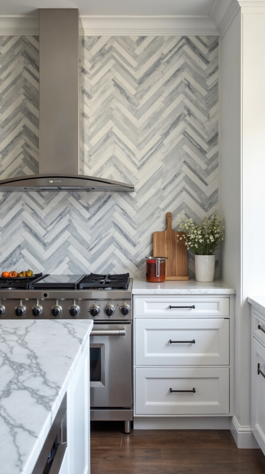 sophisticated chevron marble backsplash design