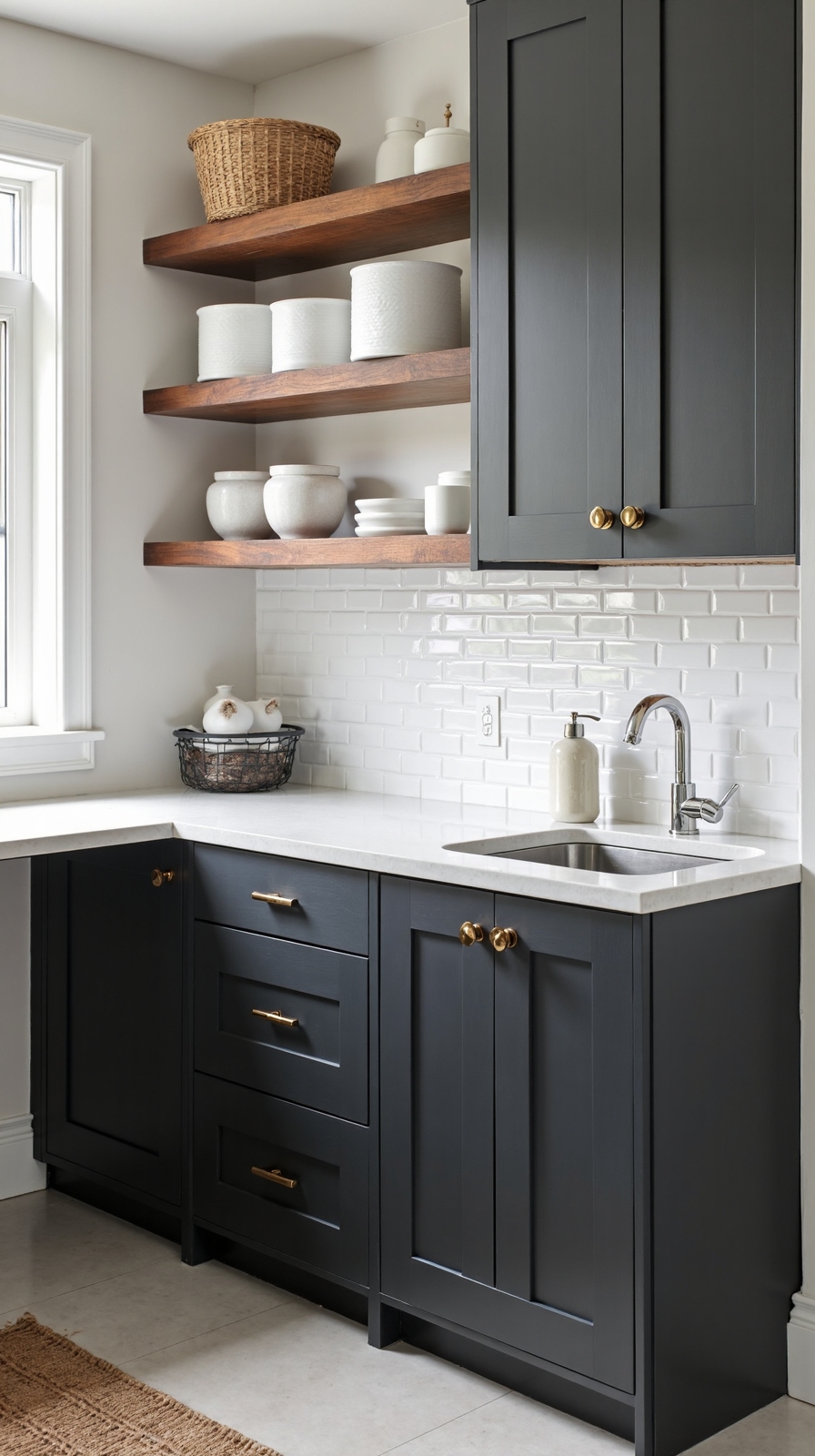 sophisticated dark cabinetry with open shelving