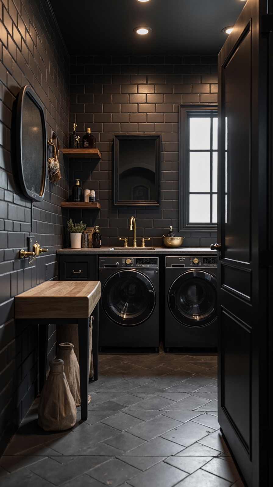 sophisticated dark laundry room retreat