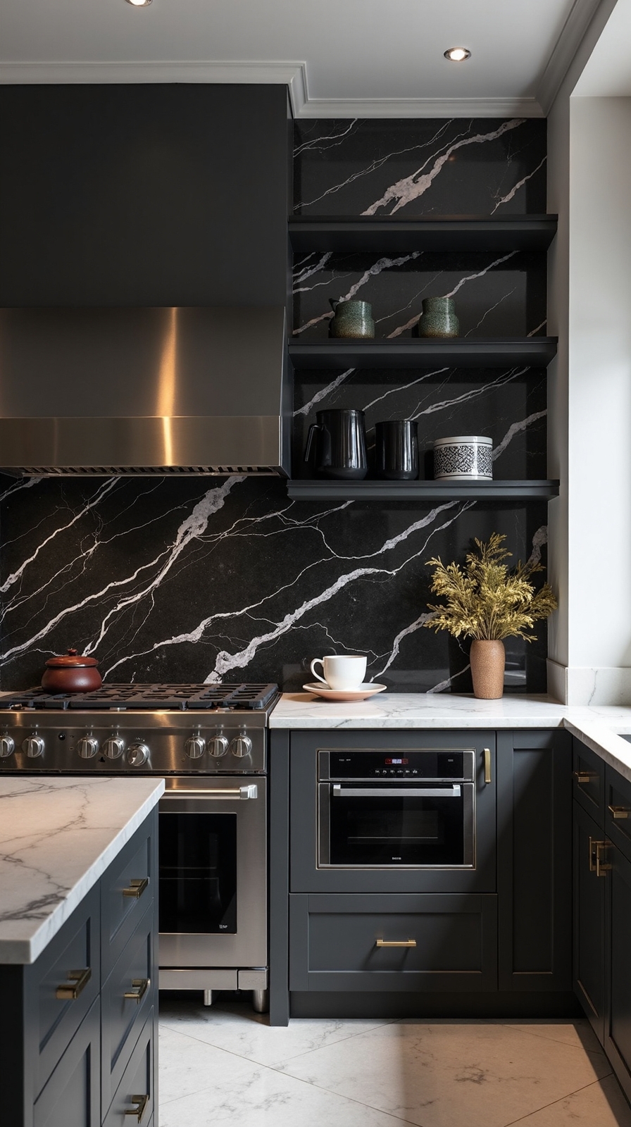 sophisticated dramatic black marble backsplash