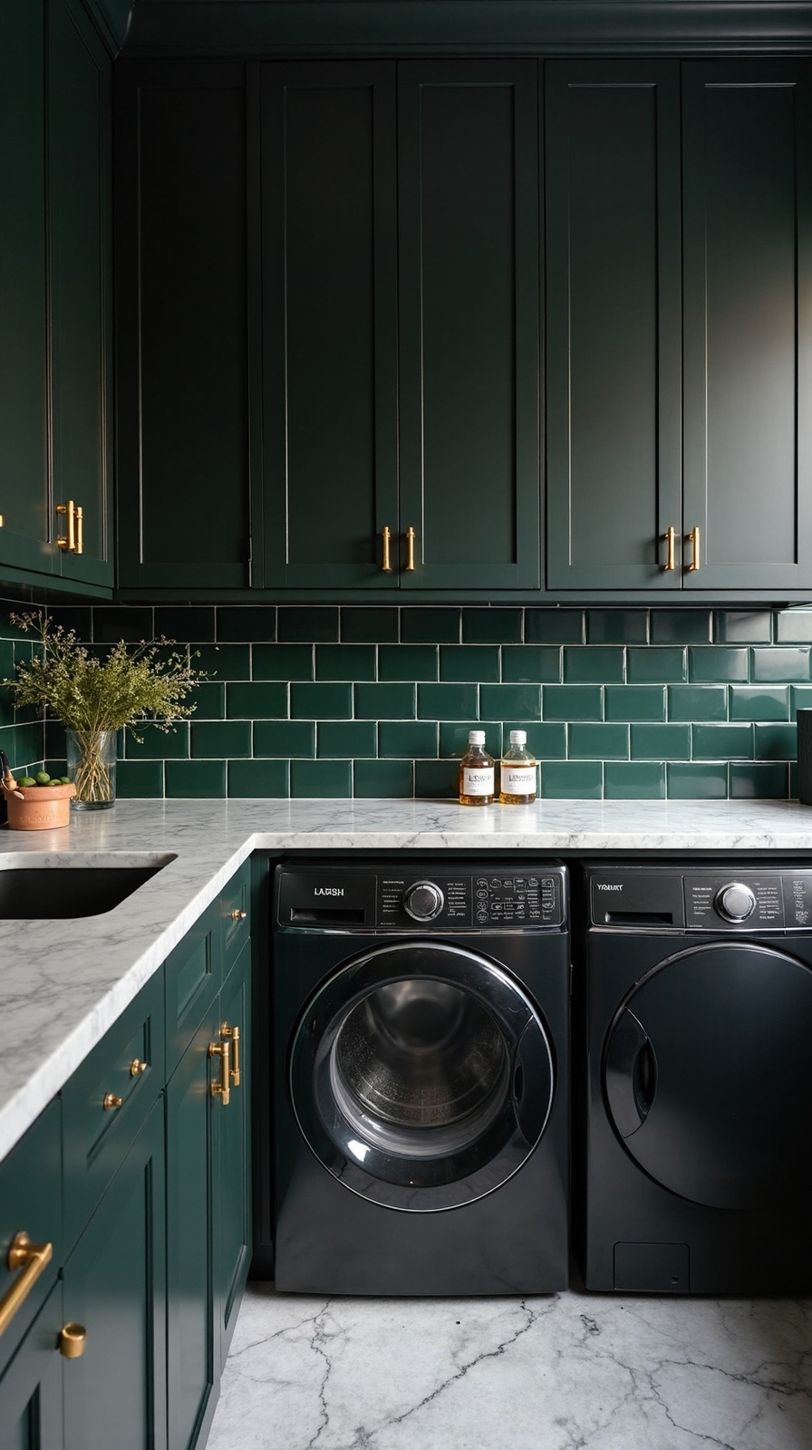 sophisticated emerald accented laundry sanctuary