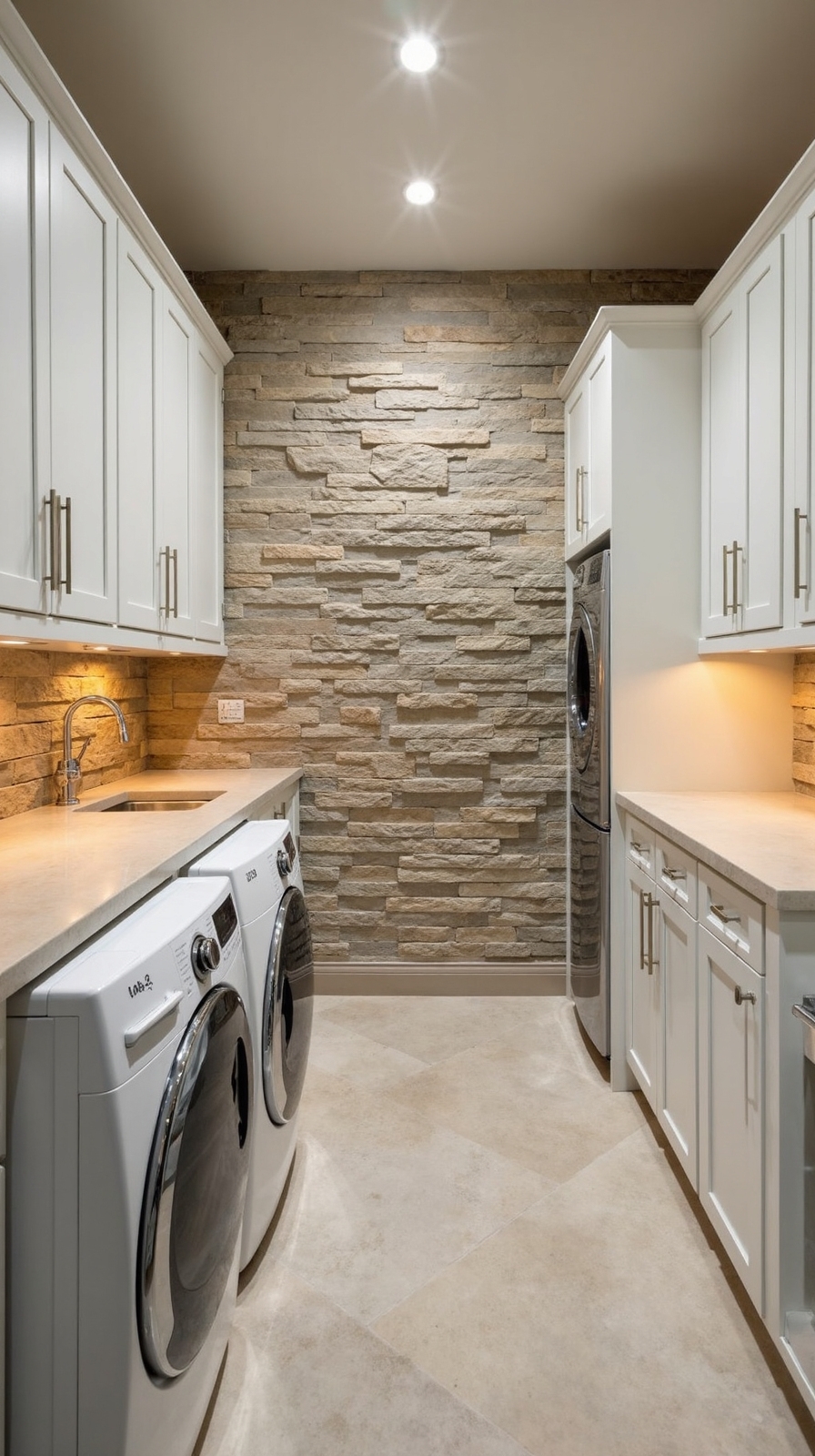 sophisticated laundry room with stone veneer