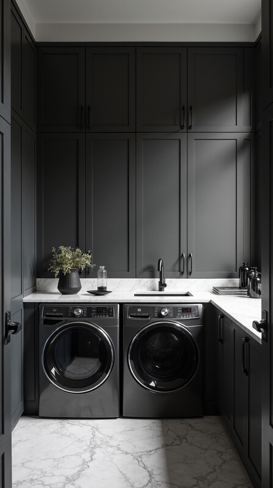 sophisticated monochrome laundry room design