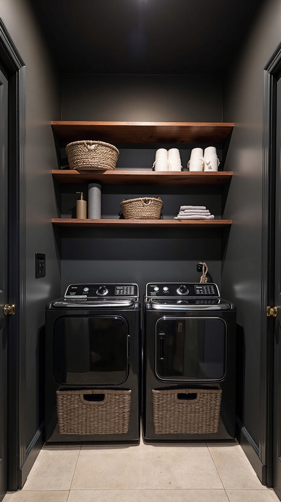 sophisticated moody minimalist laundry room storage