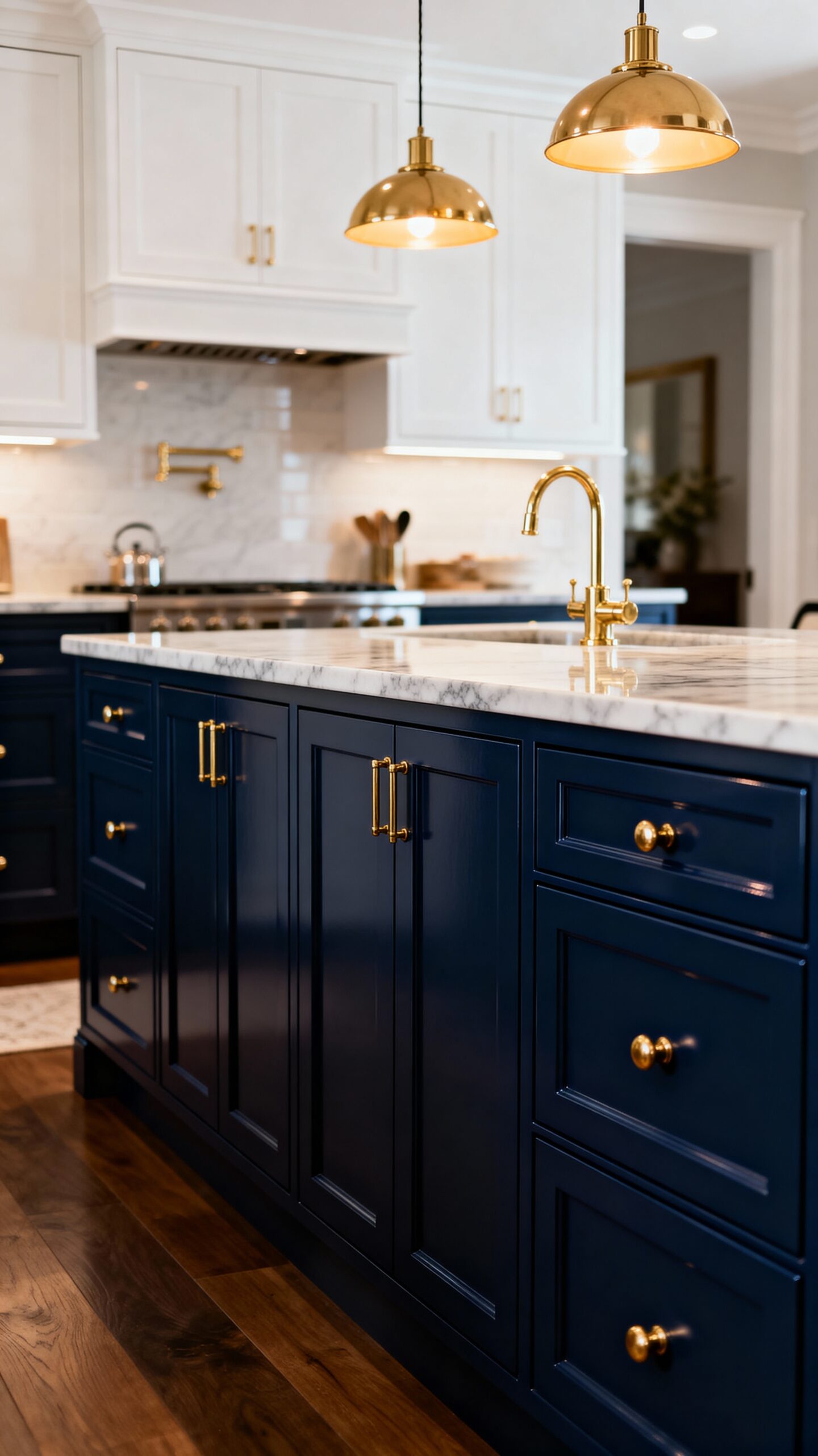sophisticated navy blue kitchen drama