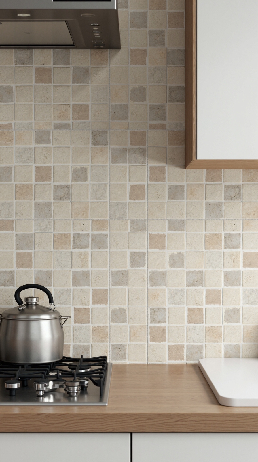 sophisticated neutral mixed size square tile backsplash