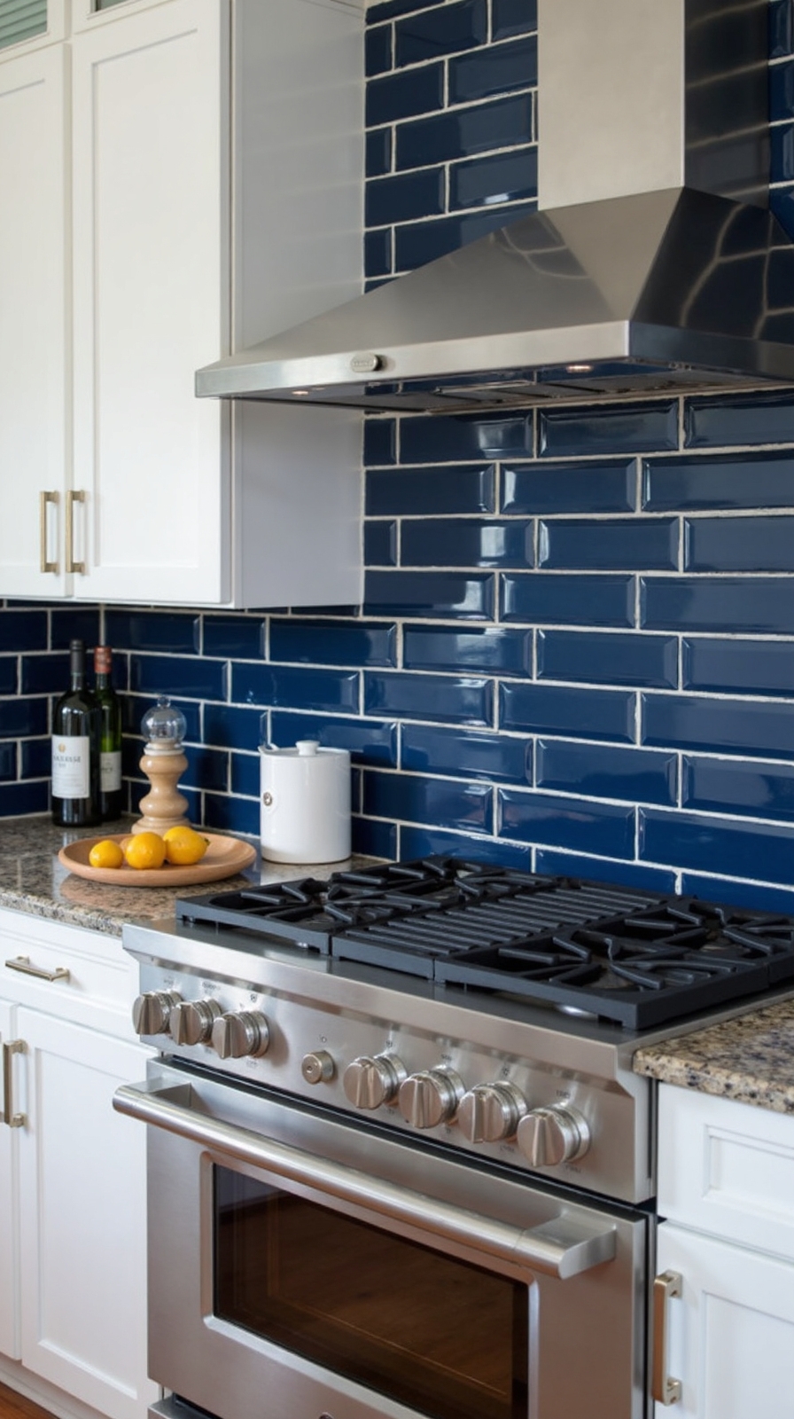 sophisticated offset navy blue backsplash design