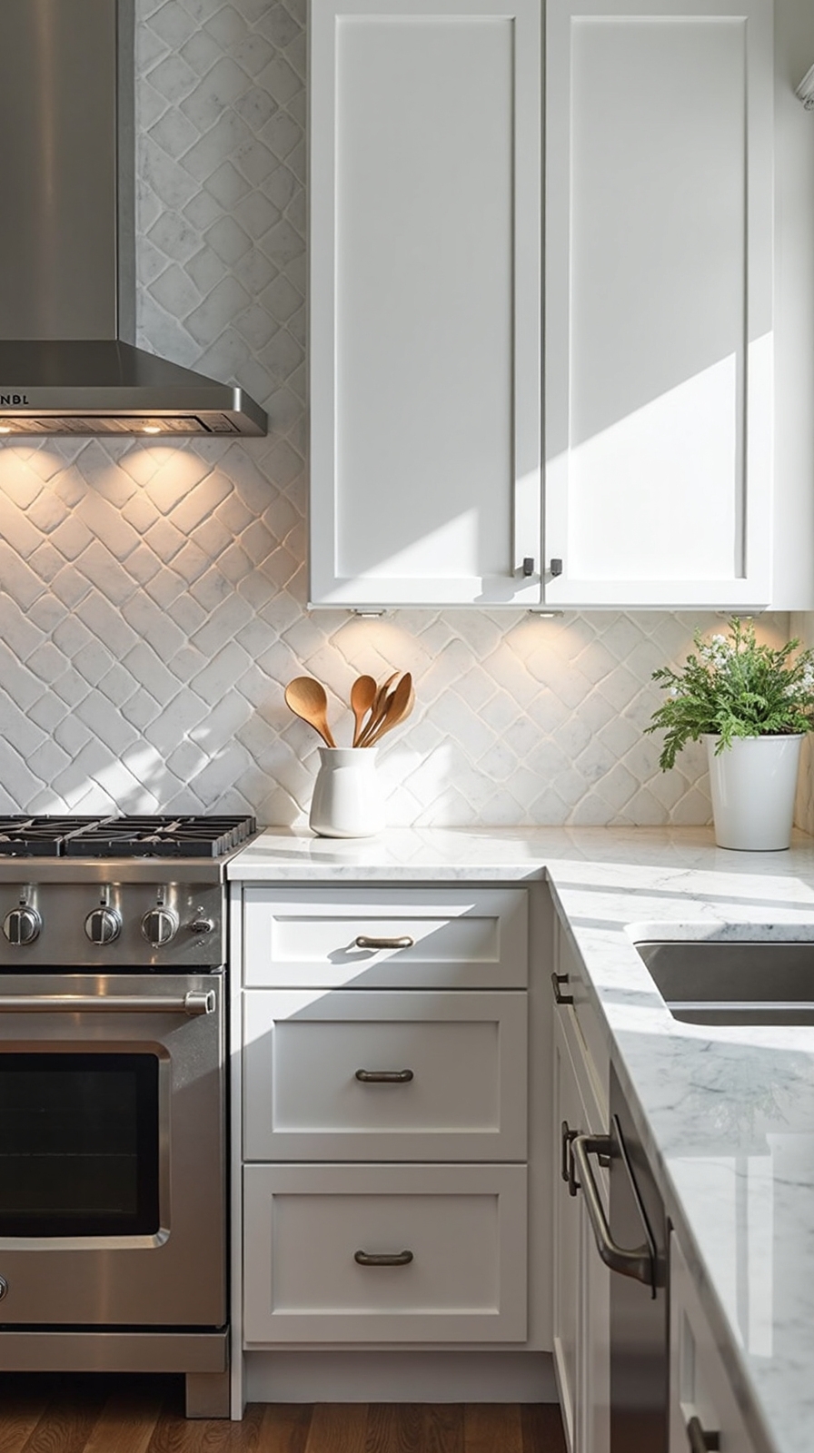 sophisticated visual texture herringbone backsplash