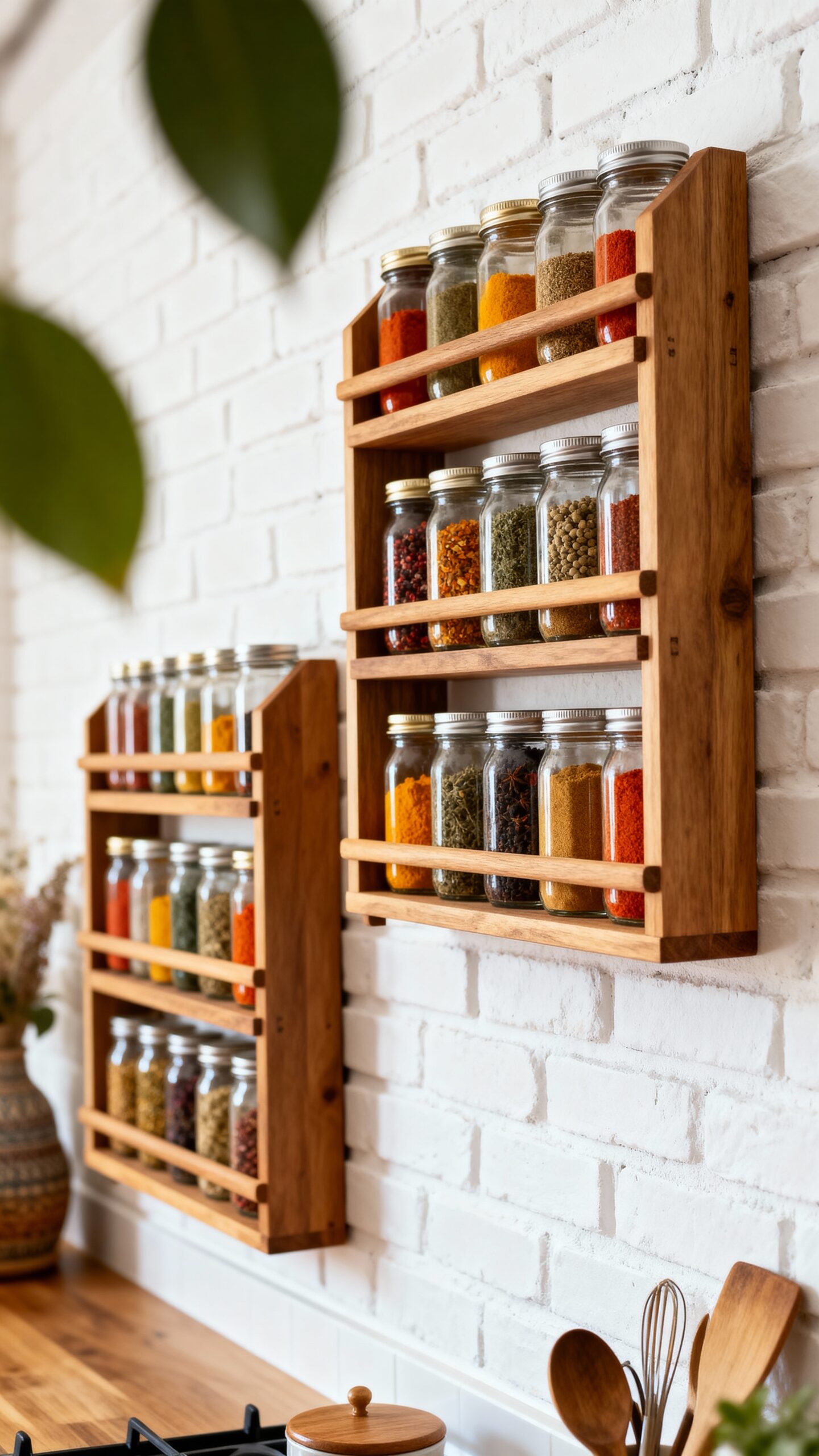 spice wall glass jars wooden racks