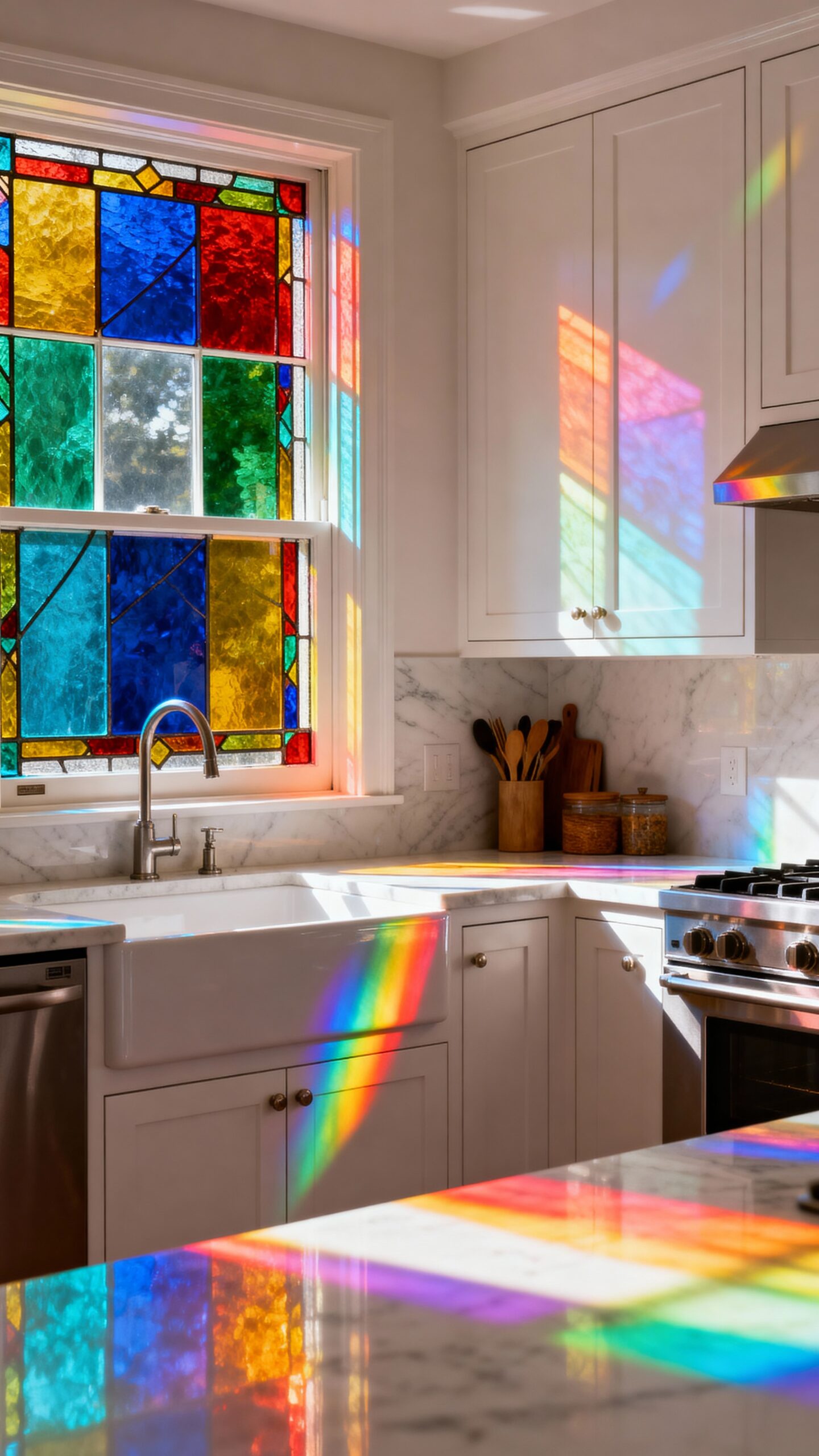 stained glass privacy decor enhances kitchen