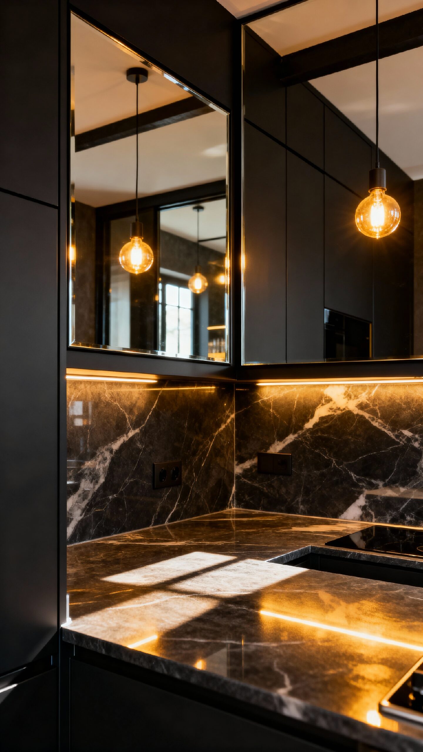 strategically placed mirrors brighten small kitchens