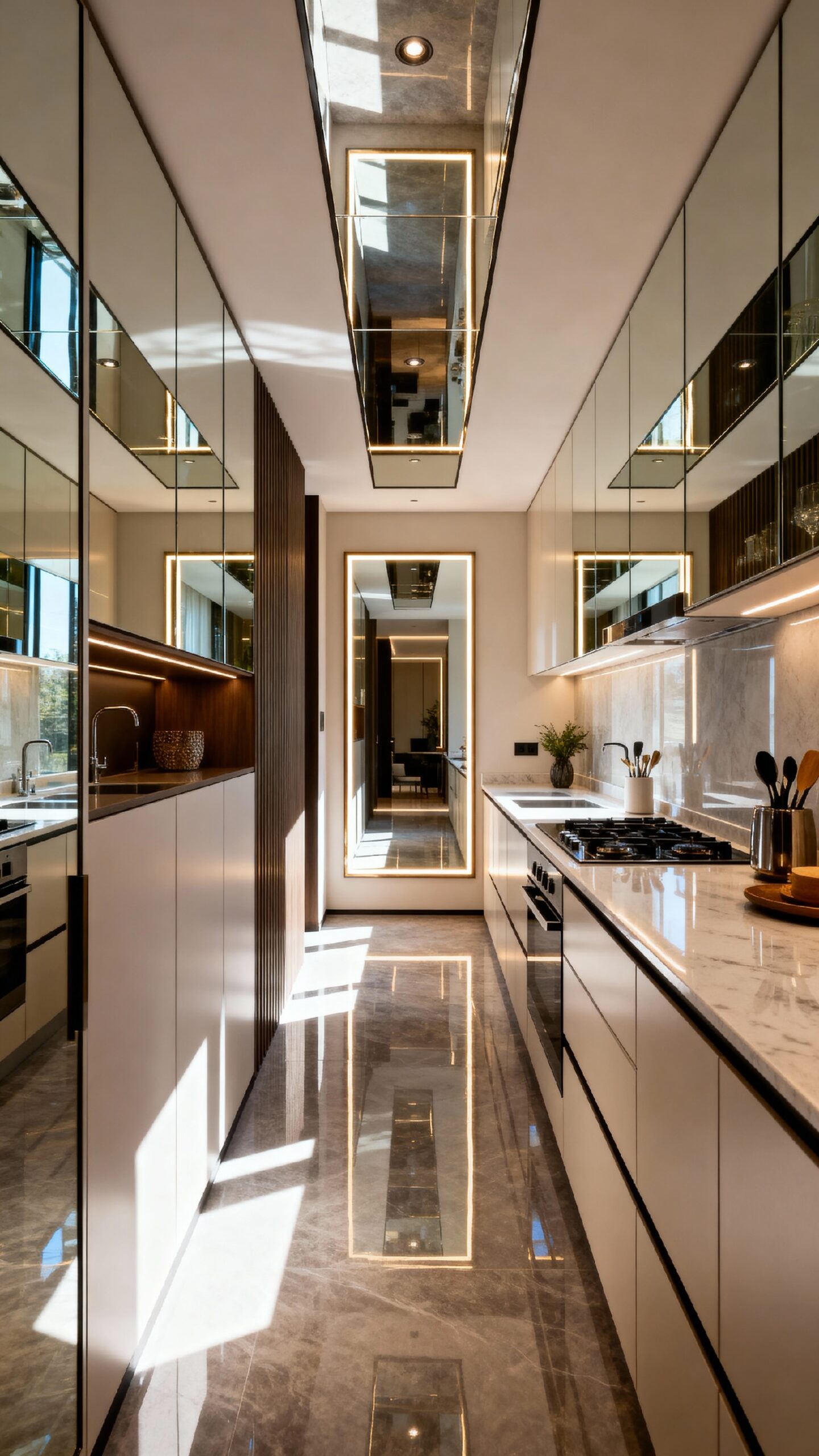 strategically placed mirrors expand kitchens visually