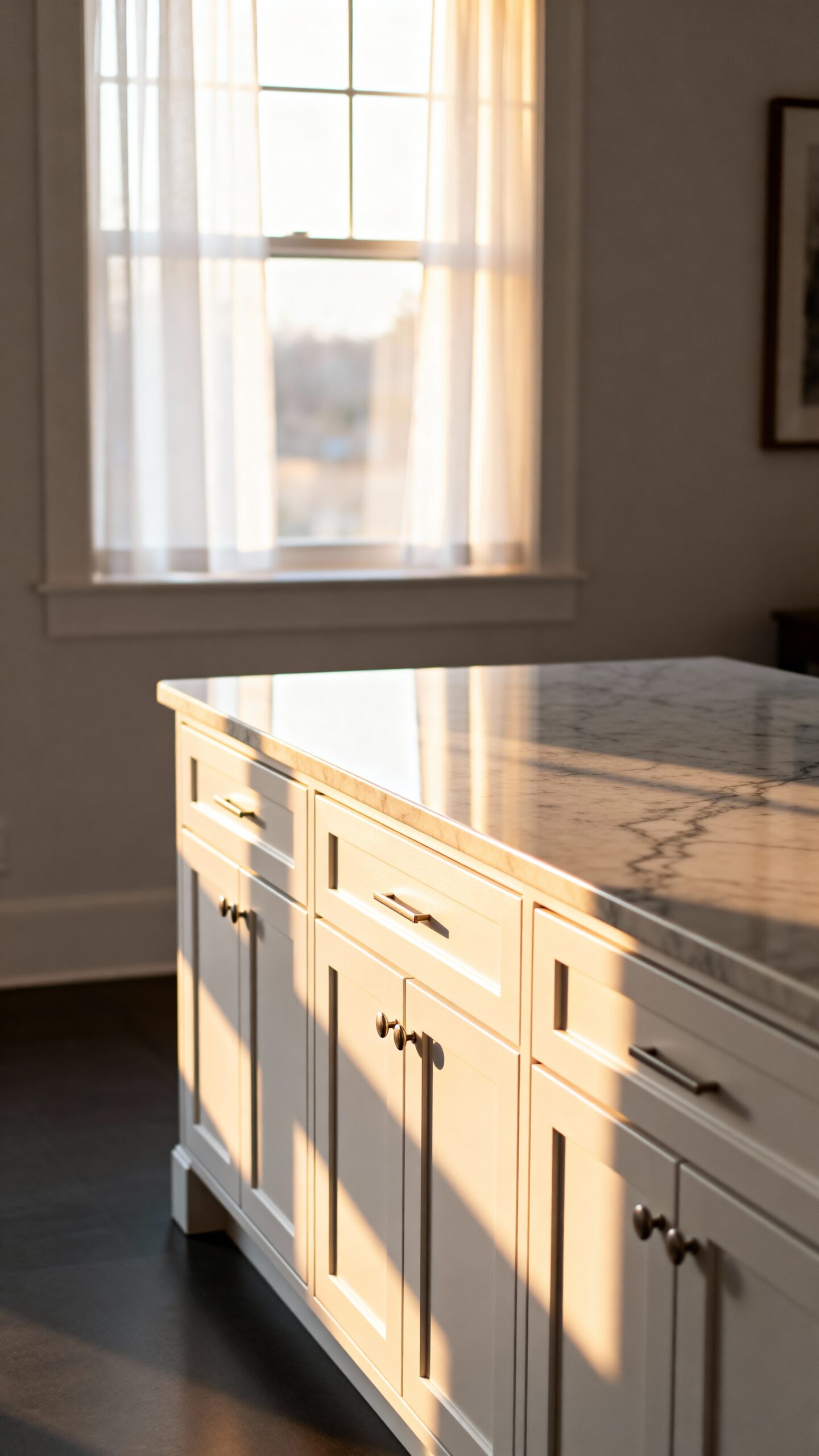 strategically positioned light colored cabinetry and countertops