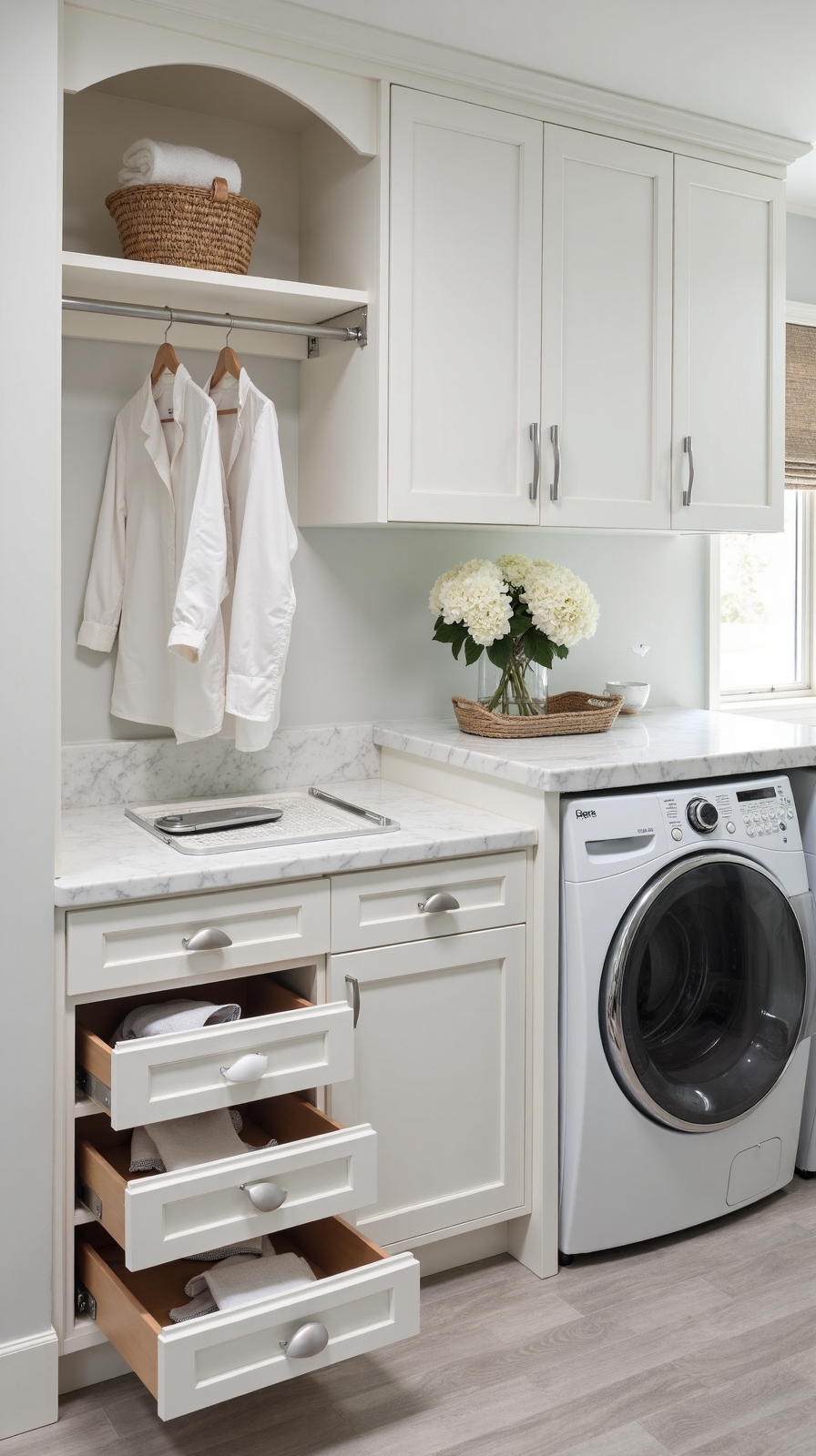 streamlined laundry workspace with hidden storage