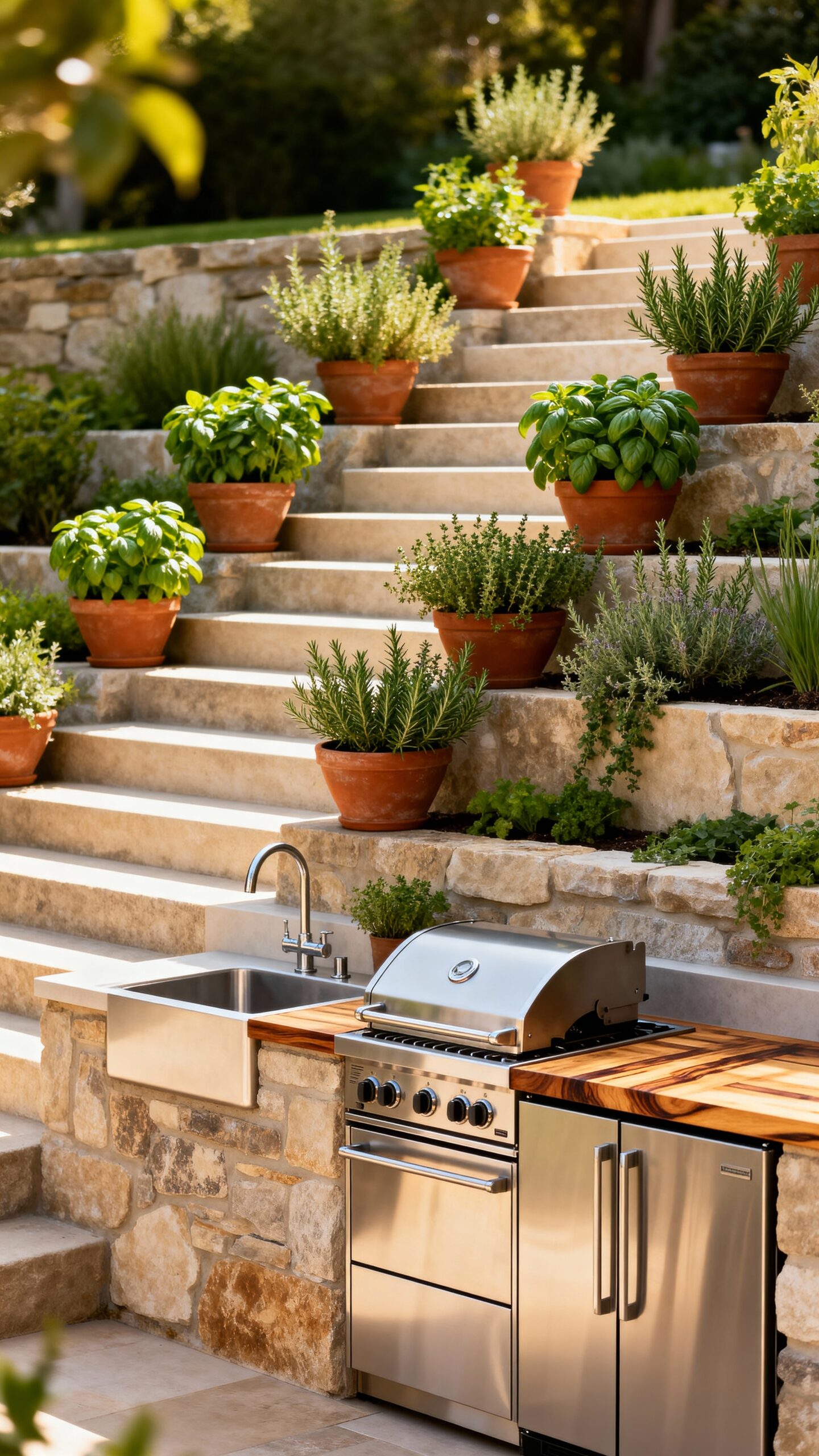 tiered garden steps cultivate outdoor kitchen
