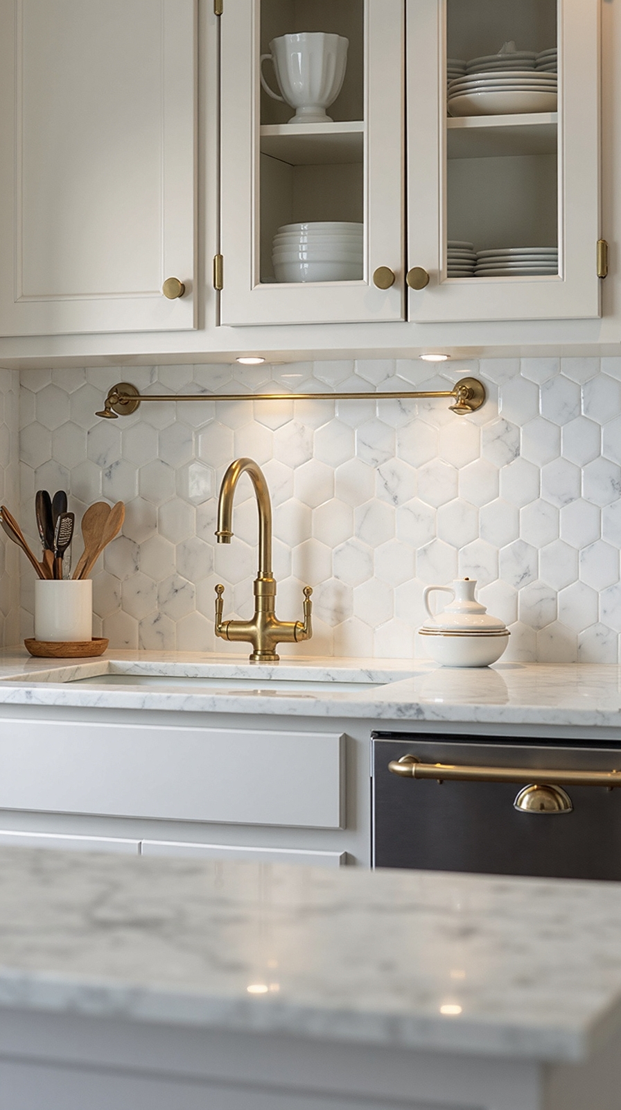 timeless vintage geometric marble backsplash