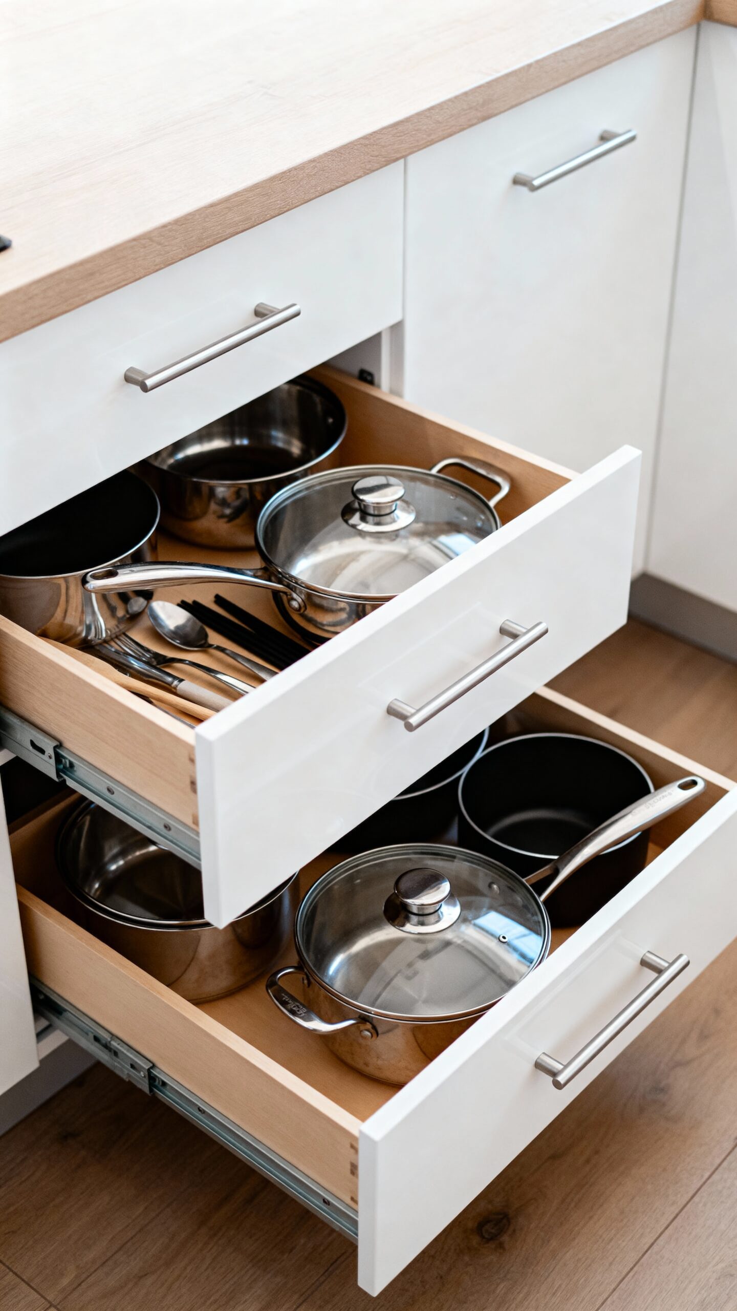 transformative storage in lower cabinets