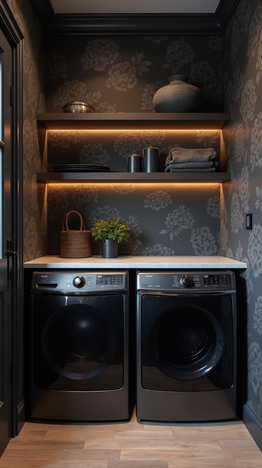 transformed laundry space with bold wallpaper
