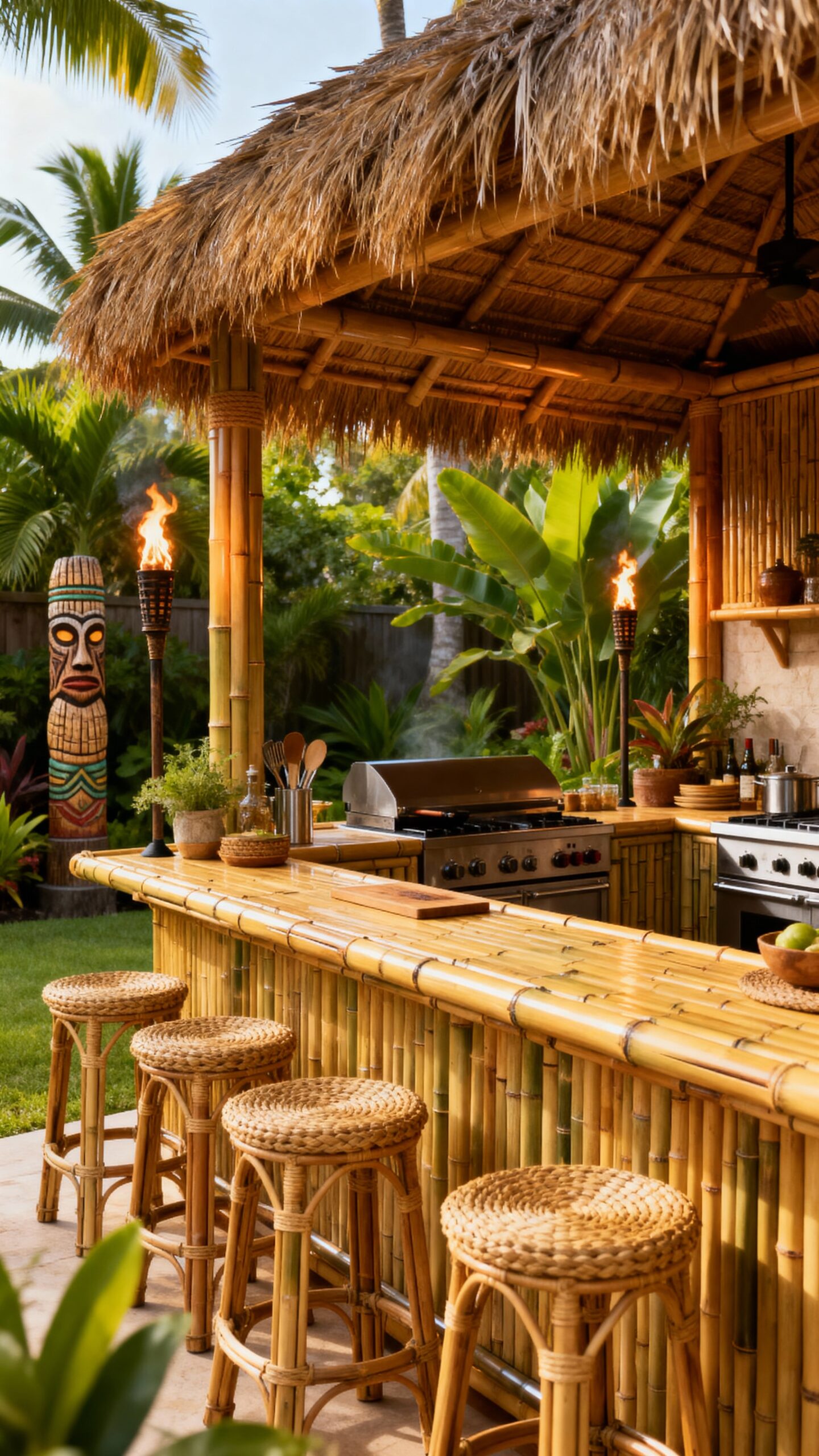 tropical backyard kitchen transformation with bamboo