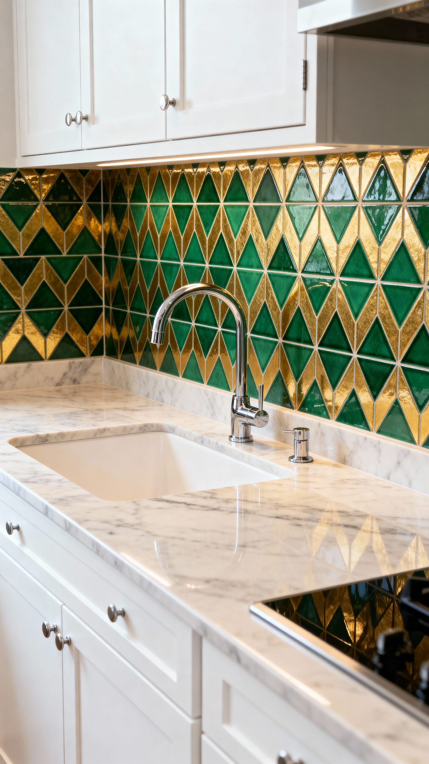 vibrant backsplash complements white cabinetry