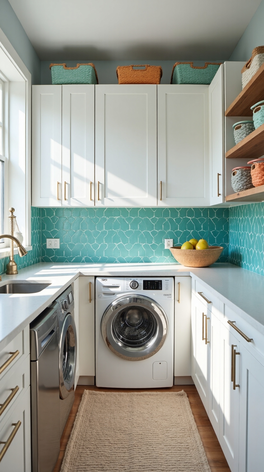vibrant backsplash transforms laundry chore