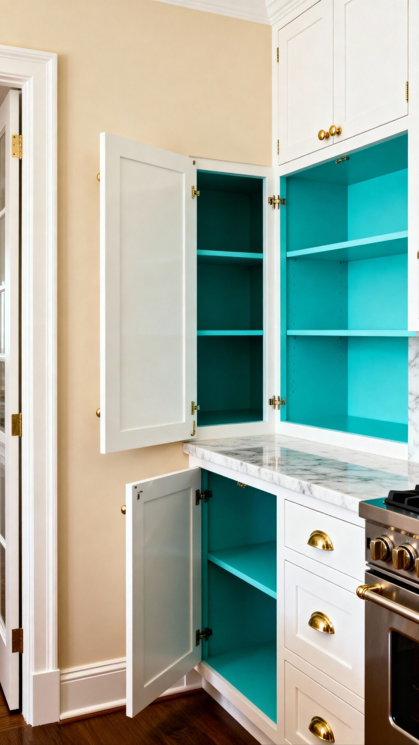 vibrant cabinet interiors neutral kitchen backdrop