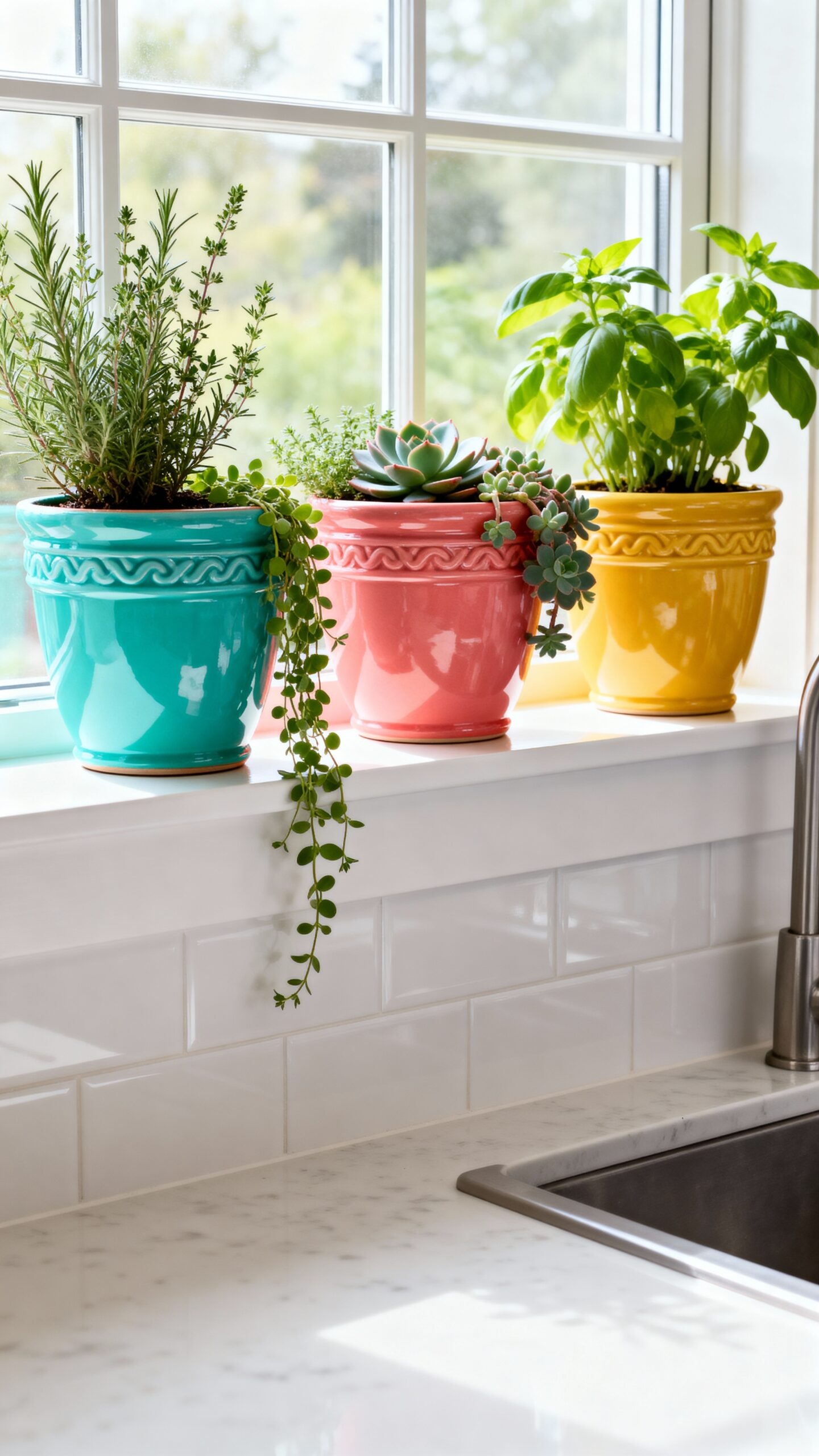 vibrant ceramic windowsill herb garden