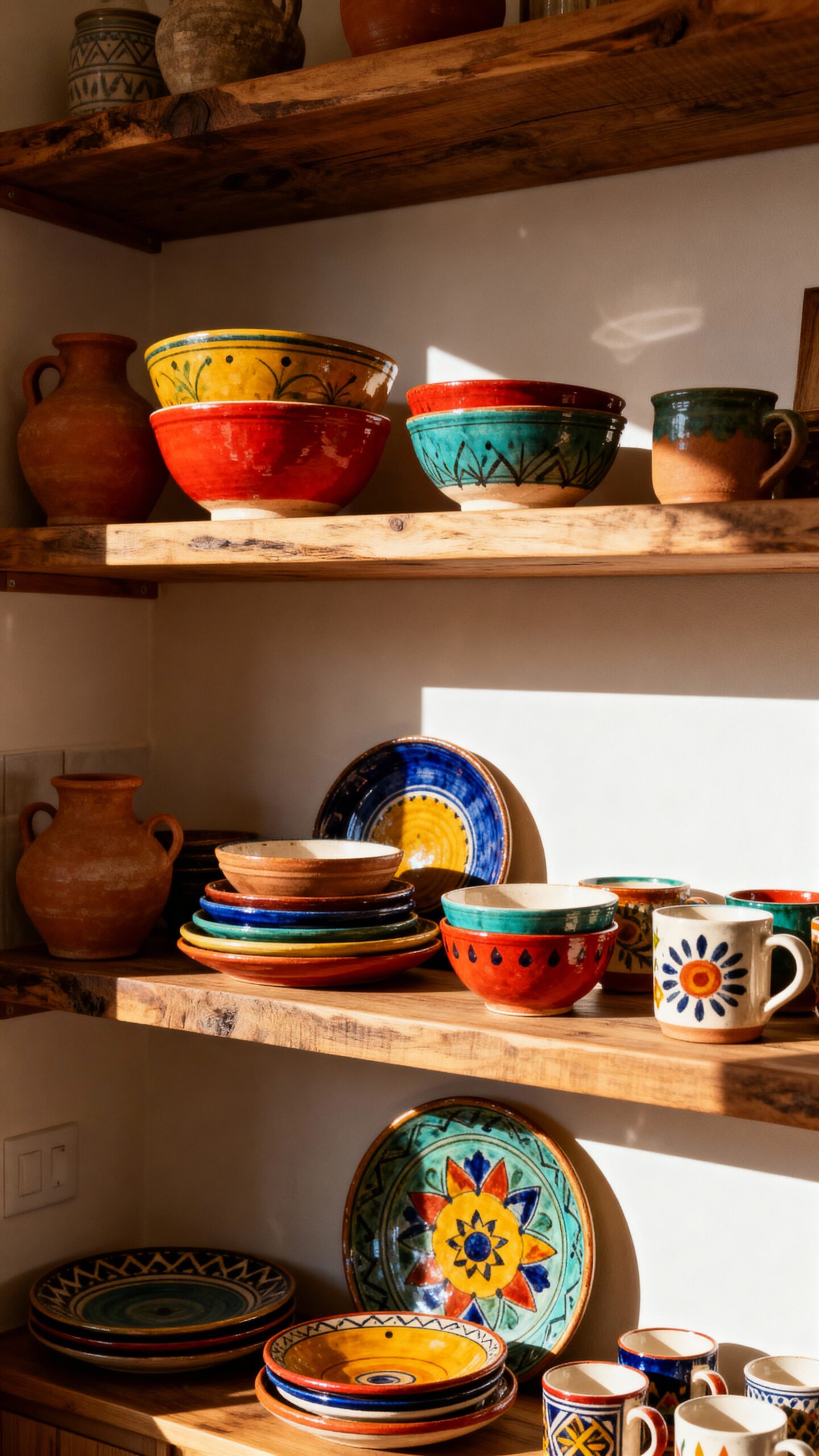 vibrant open shelving ceramic displays