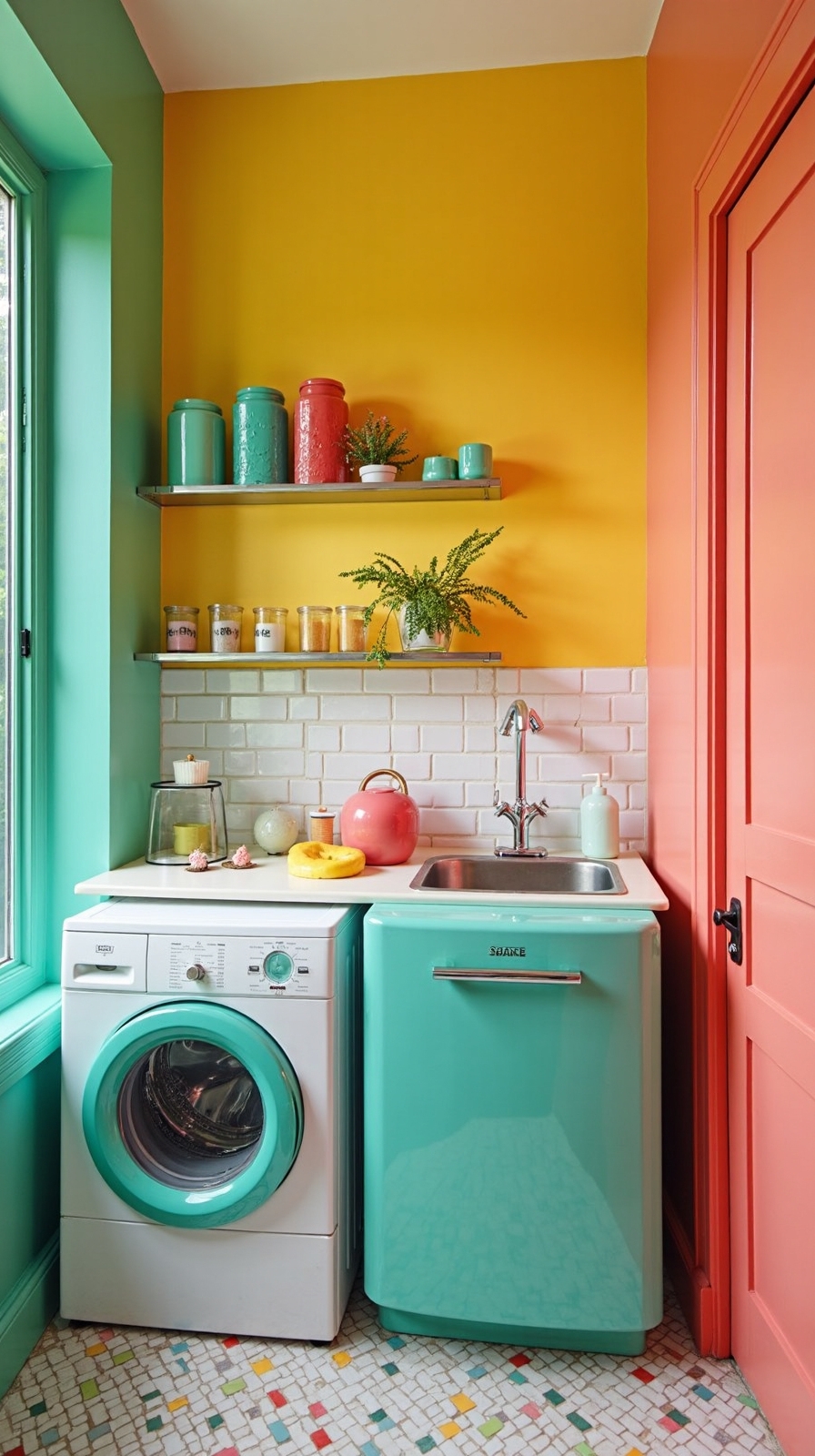 vibrant retro rainbow laundry decor